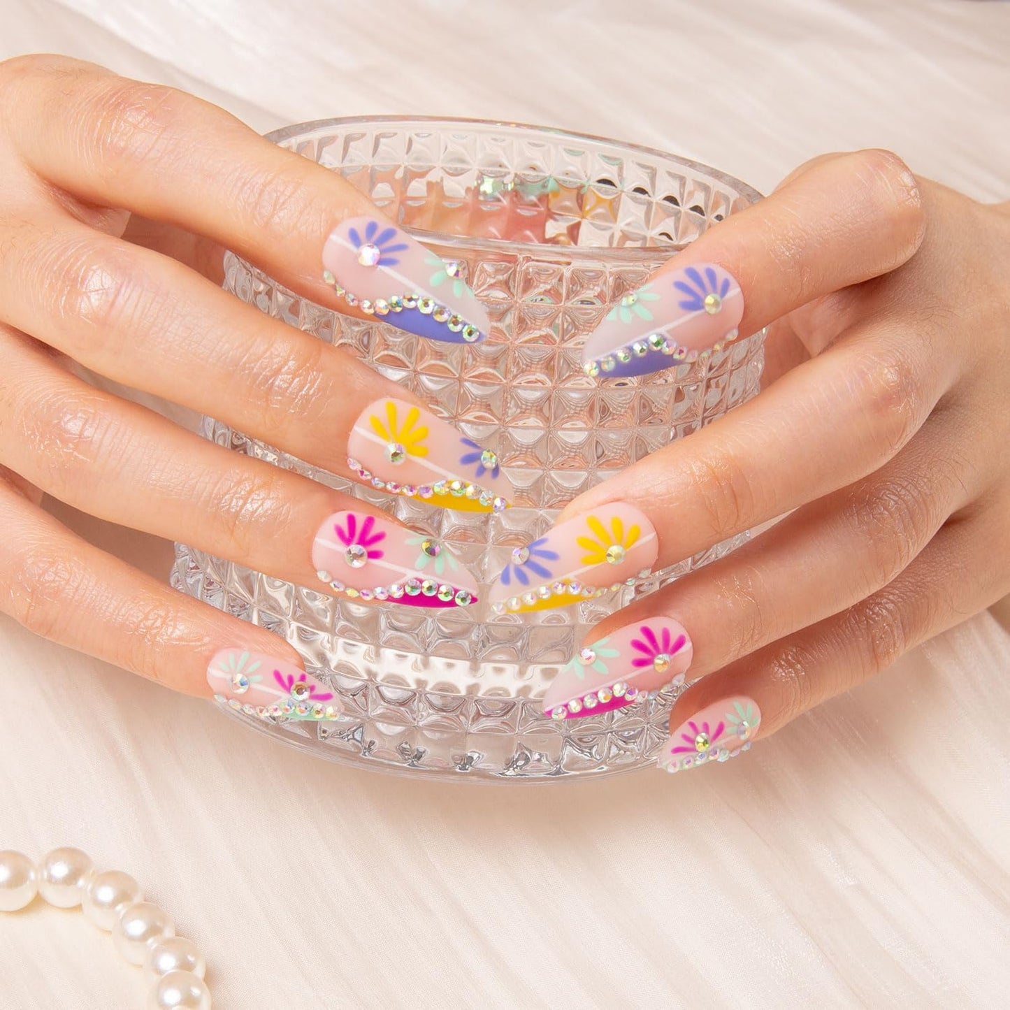 LOVFUL Press on Nails Wild Blooming French Tip | Handmade with Full Covered Crystals | Reusable Fake Nails | Almond Regular 1.0 in | H156-S