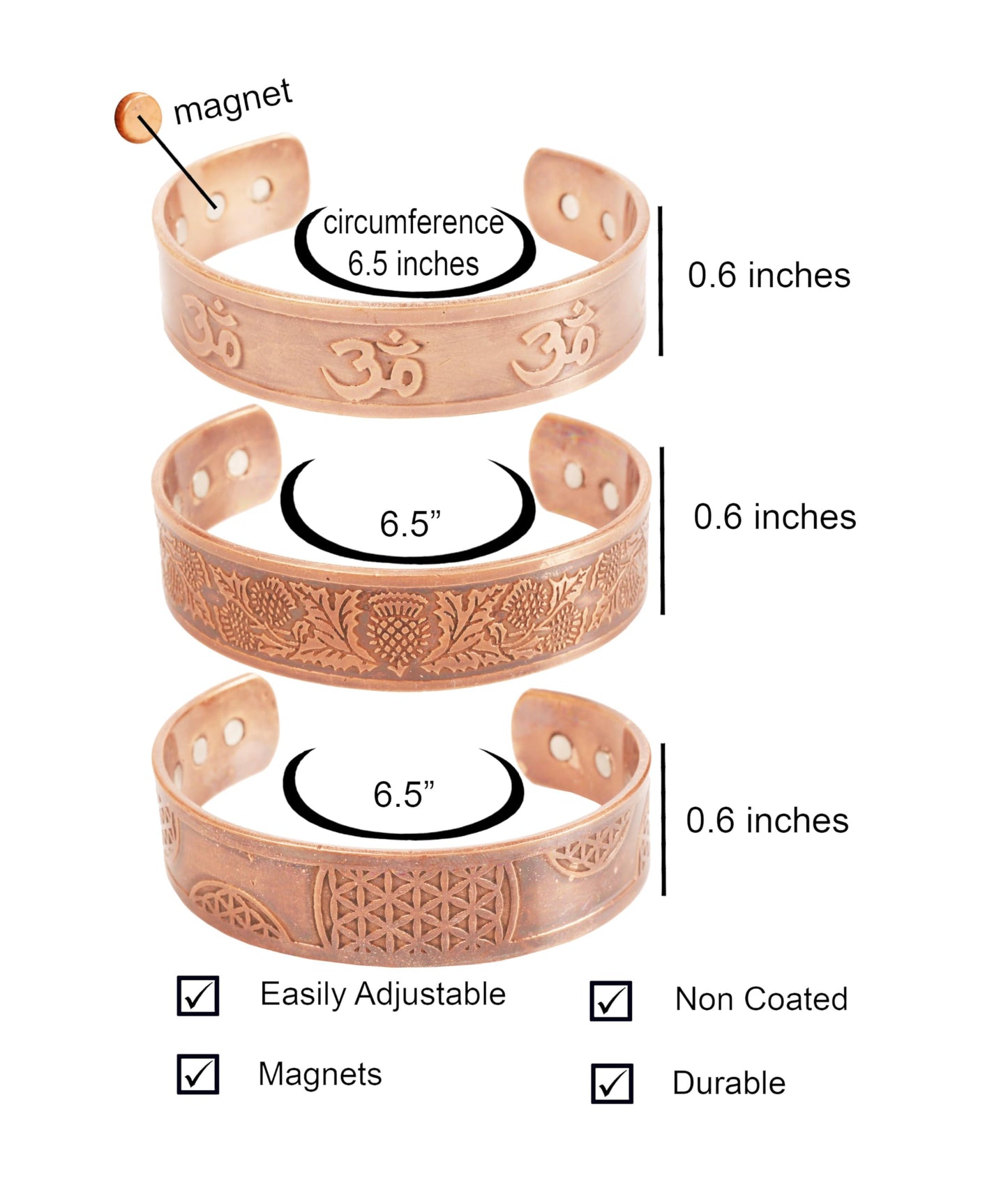 Touchstone copper bracelets | gift for men women |adjustable 100% pure solid real magnetic jewelry | handmade bracelet set combo | rope braided tibetan bangles. Set of 3 different designs