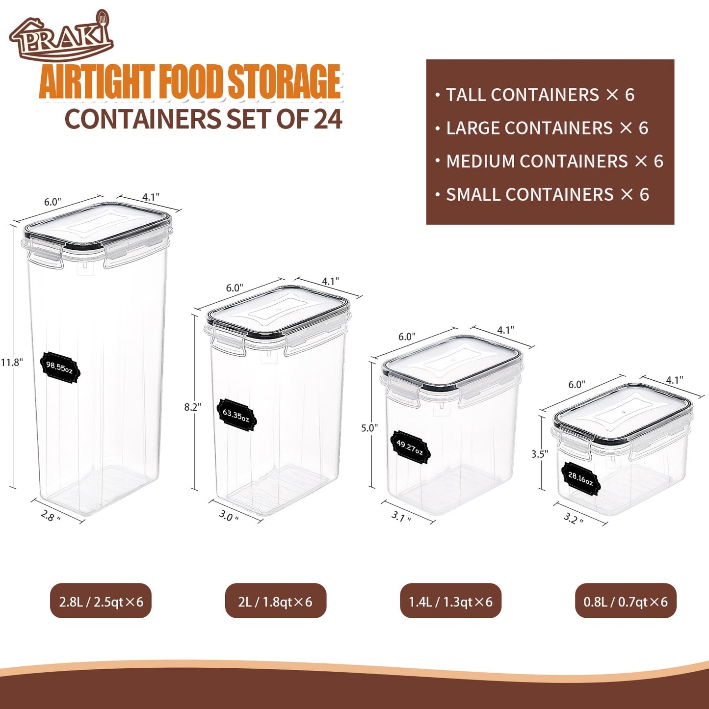 PRAKI Airtight Food Storage Containers Set with Lids - 24 PCS, BPA Free Kitchen and Pantry Organization, Plastic Leak-proof Canisters for Cereal Flour & Sugar - Labels & Marker(Grey)