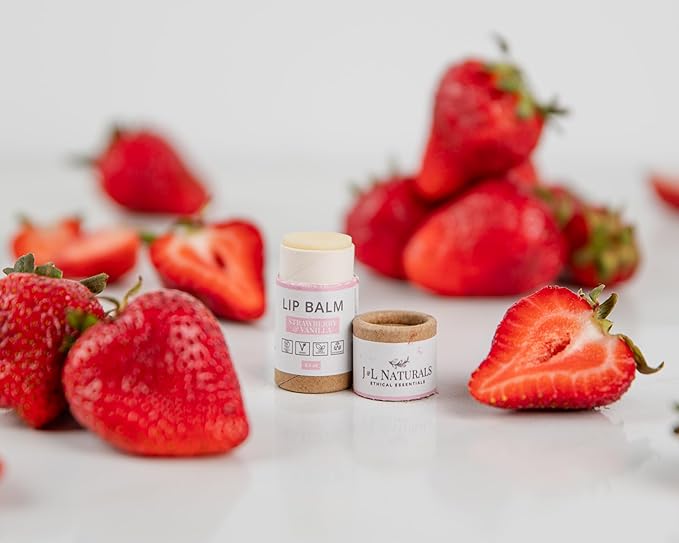 J&L Naturals Sustainable Lip Balm | Organic Ingredients, 100% Natural, Eco-Friendly | Cruelty Free, Vegan, Paraben Free, Silicone Free (Strawberry & Vanilla, 2-Piece Duo)
