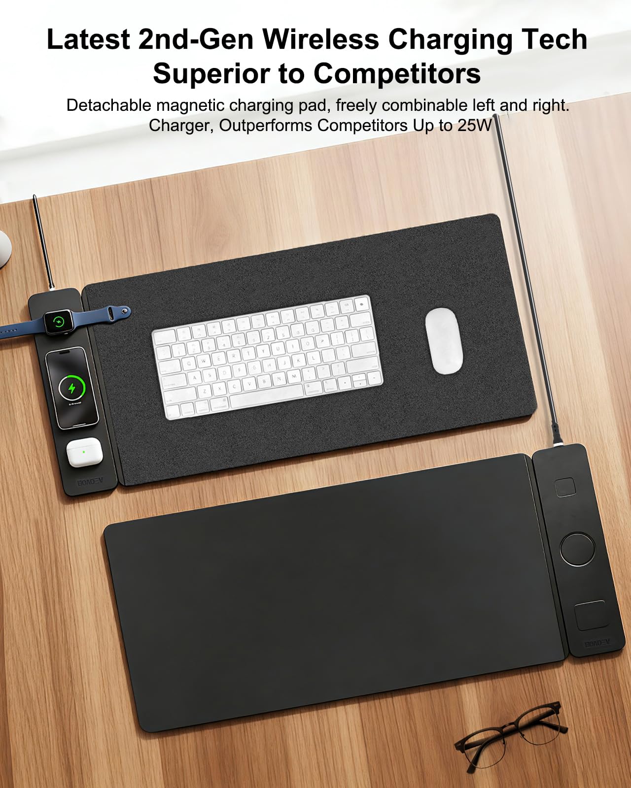 2nd Gen 25W 3-in-1 Wireless Fast Charging Mouse Pad, 35.43"×15.75" Large Waterproof Desk Mat, Magnetic Detachable Panel, Jacquard Fabric Rubber Base, for Office & Gaming