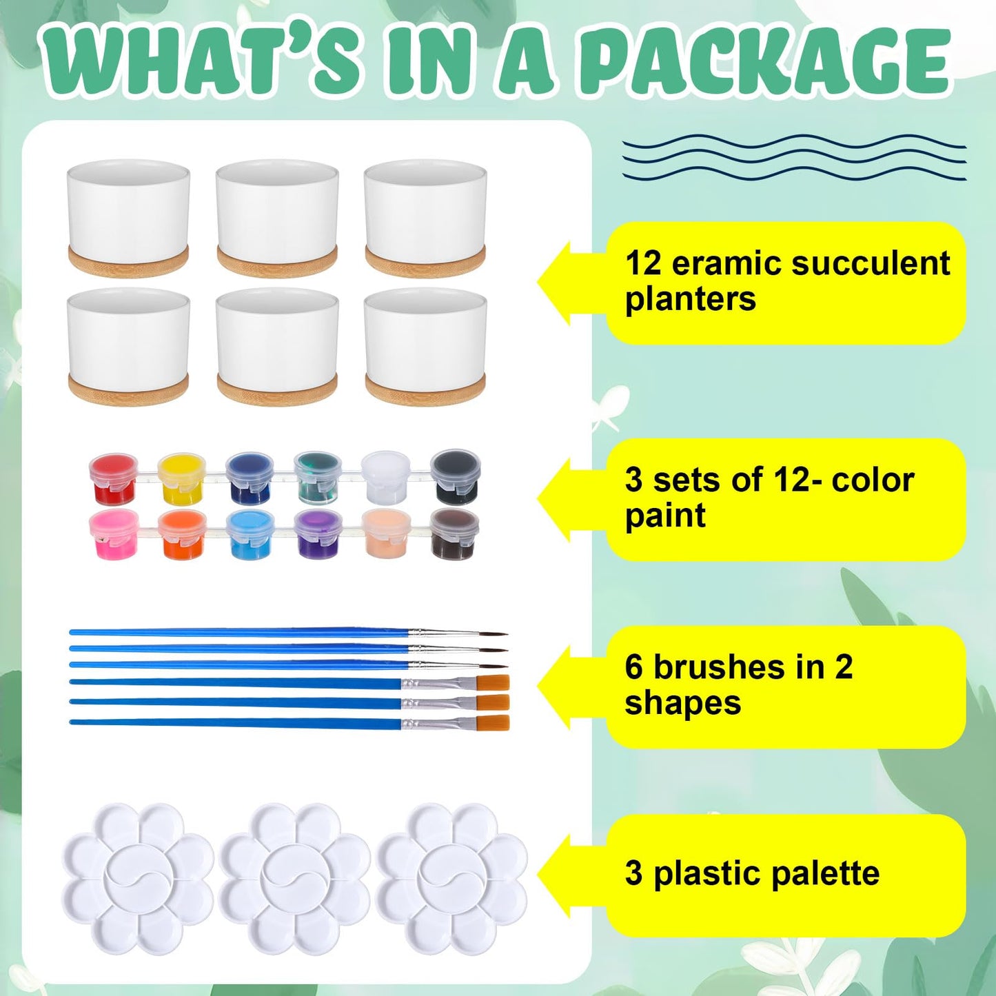 SiliFine 12 Sets DIY Ceramic Succulent Pots Painted Ceramic Flower Pots with Drainage Holes, Paints, Brushes, Palettes, Trays for DIY Event Adults Craft Birthday Gifts