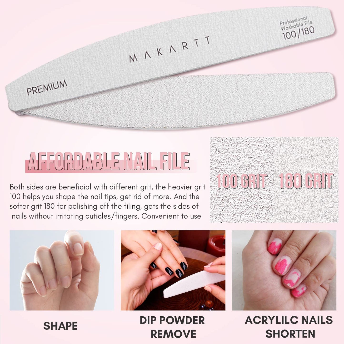 Makartt Nail File 100/180 Grit Nail Files for Acrylic Nails Bundle with Cuticle Nippers, Pink Cuticle Trimmer Extremely Sharp Full Jaw Cuticle Cutter Nail Care