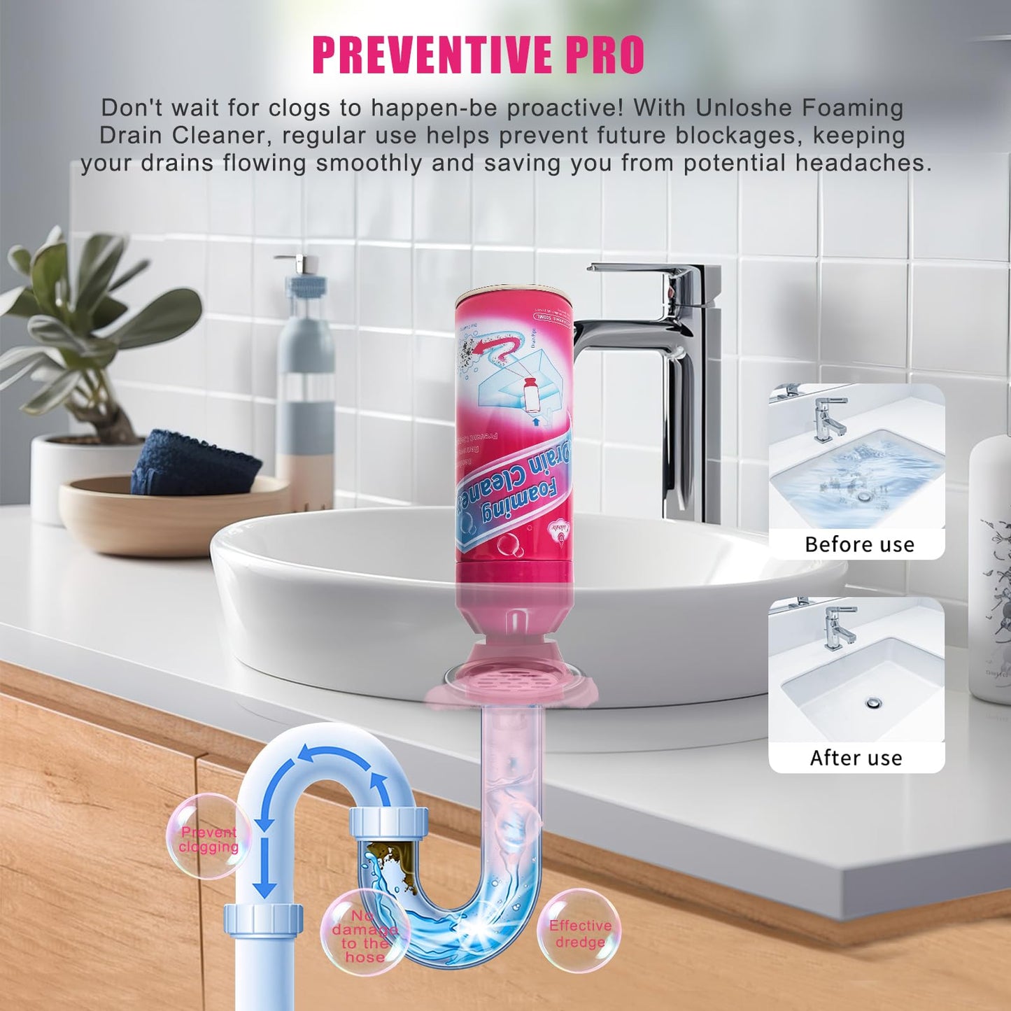 Foaming Drain Cleaner, Sink Drain Cleaner and Deodorizer, Drains Clog Remover for Bathroom Sinks, Washbasin, Tubs (2PCS)
