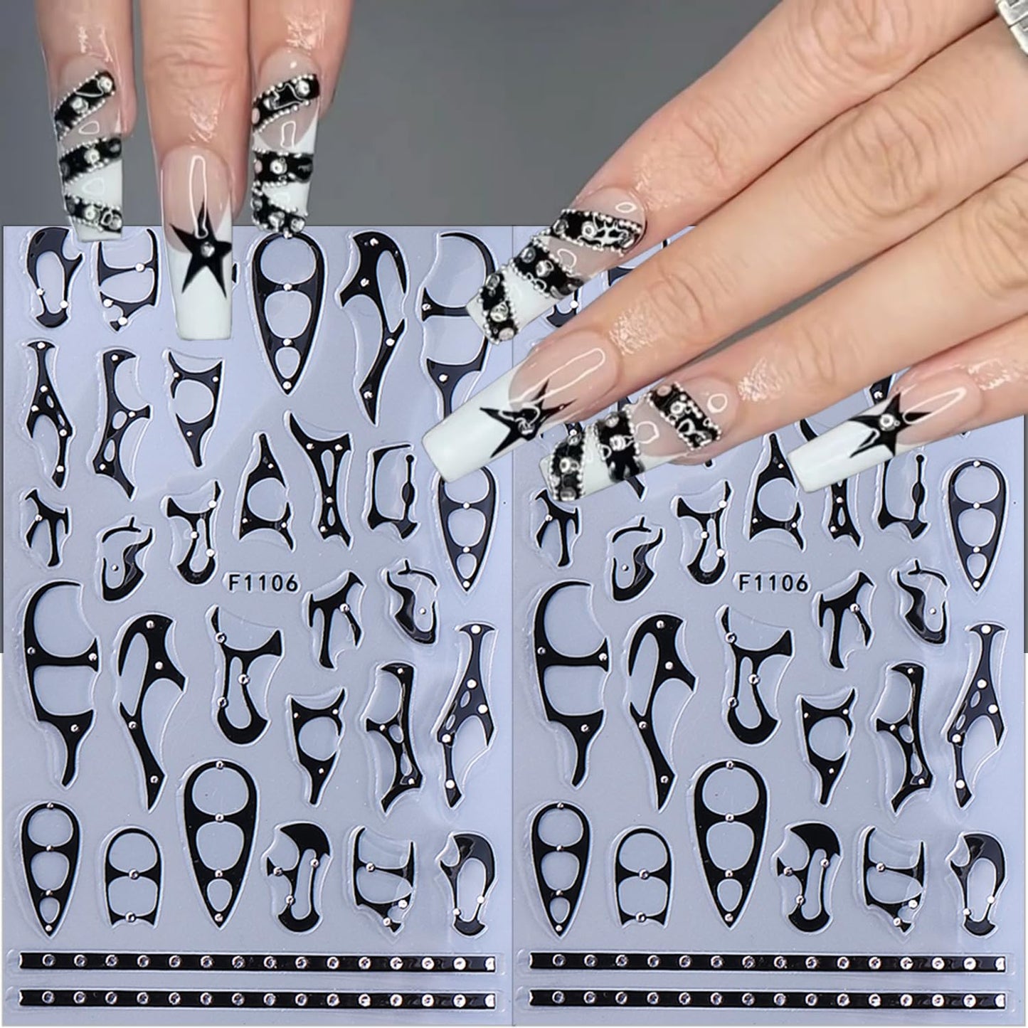 8 Sheets Goth Nail Stickers for Nail Art 3D Punk Style Black Belt Nail Art Stickers Gold Silver Flame Lines Nail Decals Self-Adhesive Centipede Pattern Irregular Geometric Lines Nail Design for Women