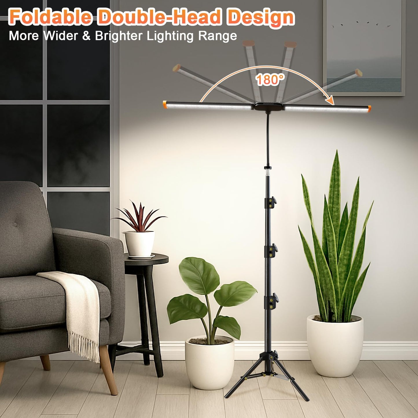 Plant Grow Light with Stand,Super Bright 6000K White Full Spectrum Floor Growing Lamp with Rotatable Dual Light Head & Height Adjustable 17-62" for Indoor Tall Plants, Dimmable & Auto Timer 4/8/12H