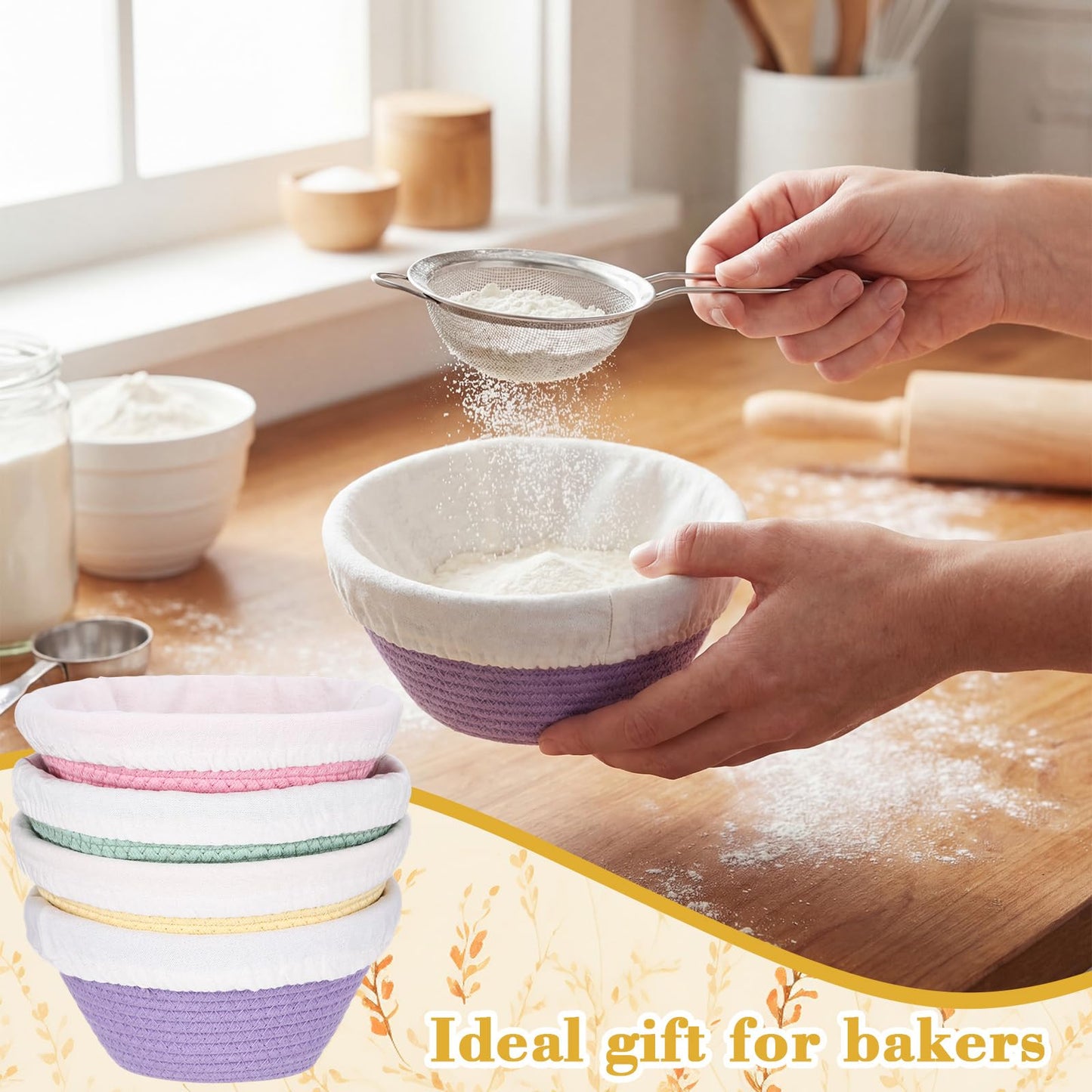 Ferrochef Round Banneton Bread Proofing Basket Set Cotton Rope Sourdough Bread Banneton Basket with Liners Covers for Baking Supplies(5 Inch)