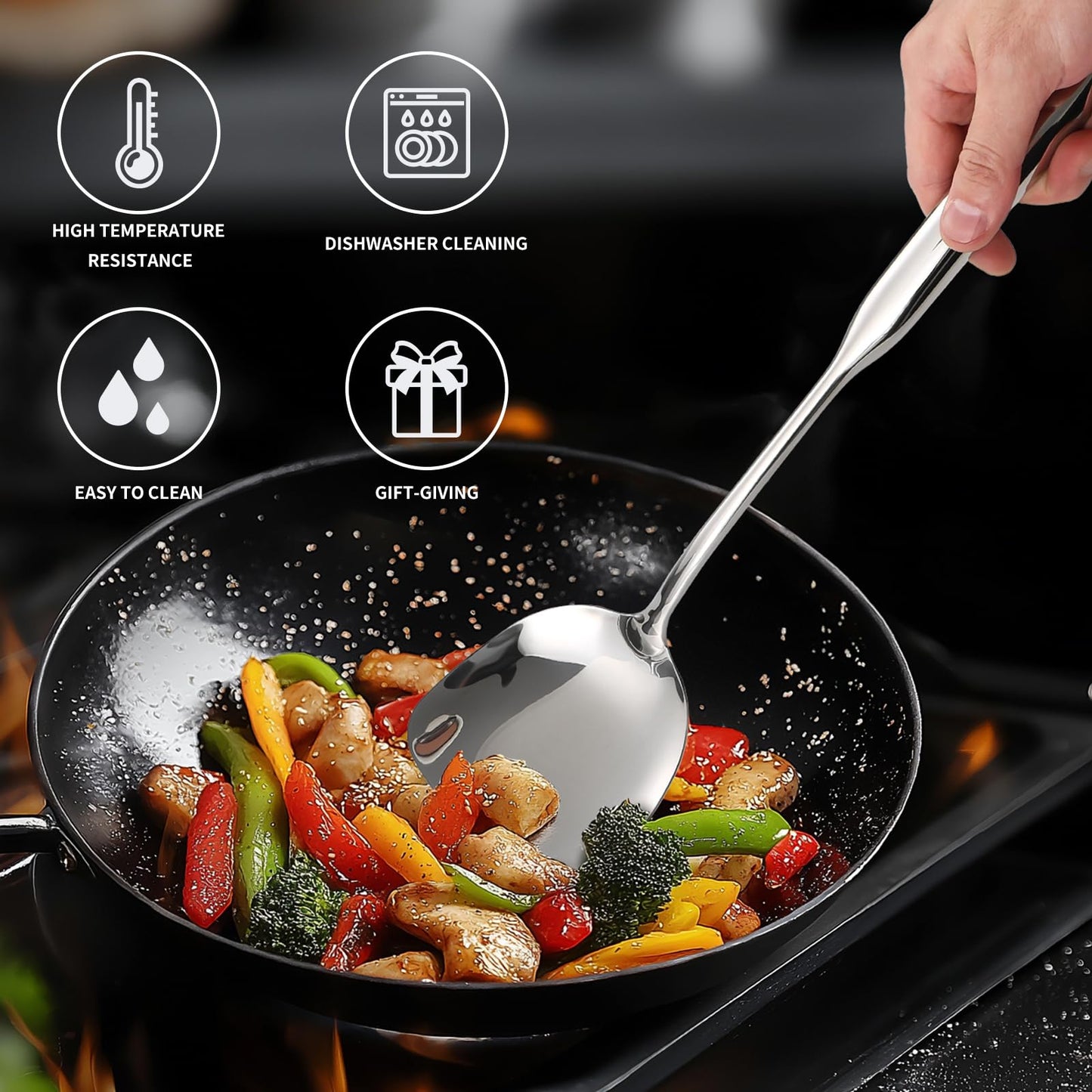 304 Stainless Steel Kitchen Cooking Utensils Set - 9 PCS Serving Utensils, Include Skimmer, Soup Ladle, Spaghetti Server, Wok Spatula, Slotted & Solid Spoon, Slotted Spatula Turner, Meat Fork (Silver）