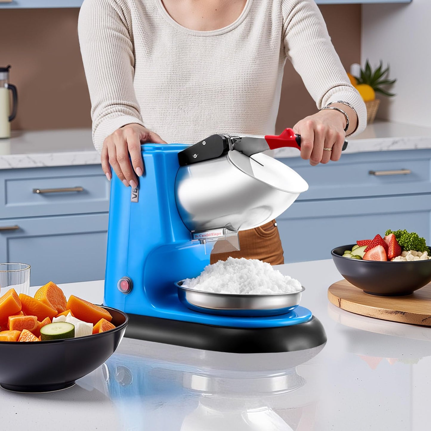 VEVOR Ice Crusher Machine, 220lbs Per Hour Electric 4 Blades Snow Cone Maker, Stainless Steel Shaved Ice Machine with Bowl and Cover, 300W 1400RPM Ice-Shaver for Home and Commercial Use, Blue