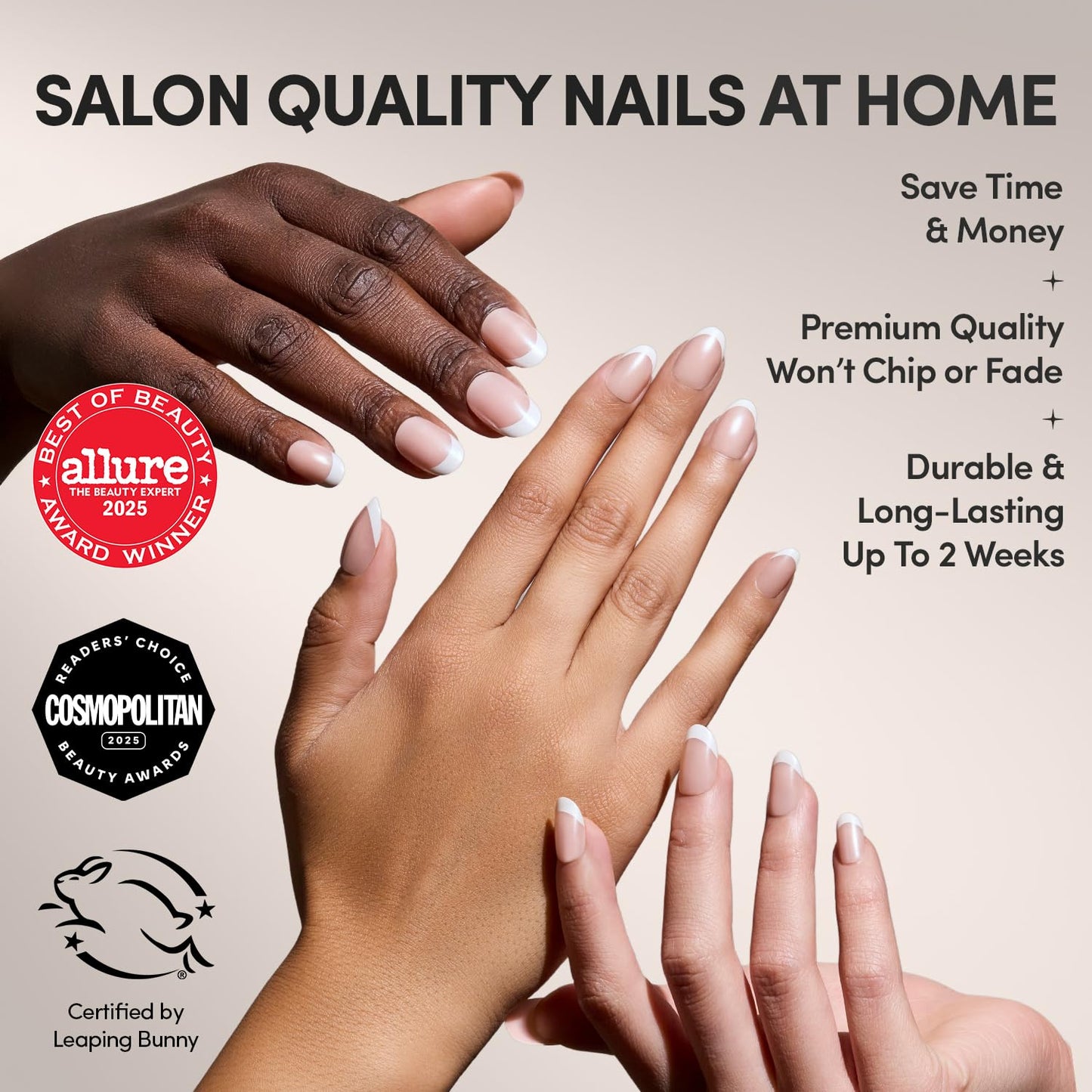 Glamnetic Press On Nails - Short Round Fake Nails, White French Tip Nails, She's A Pearl | 12 Sizes - 30 Nail Kit with Glue | Gift for Mom