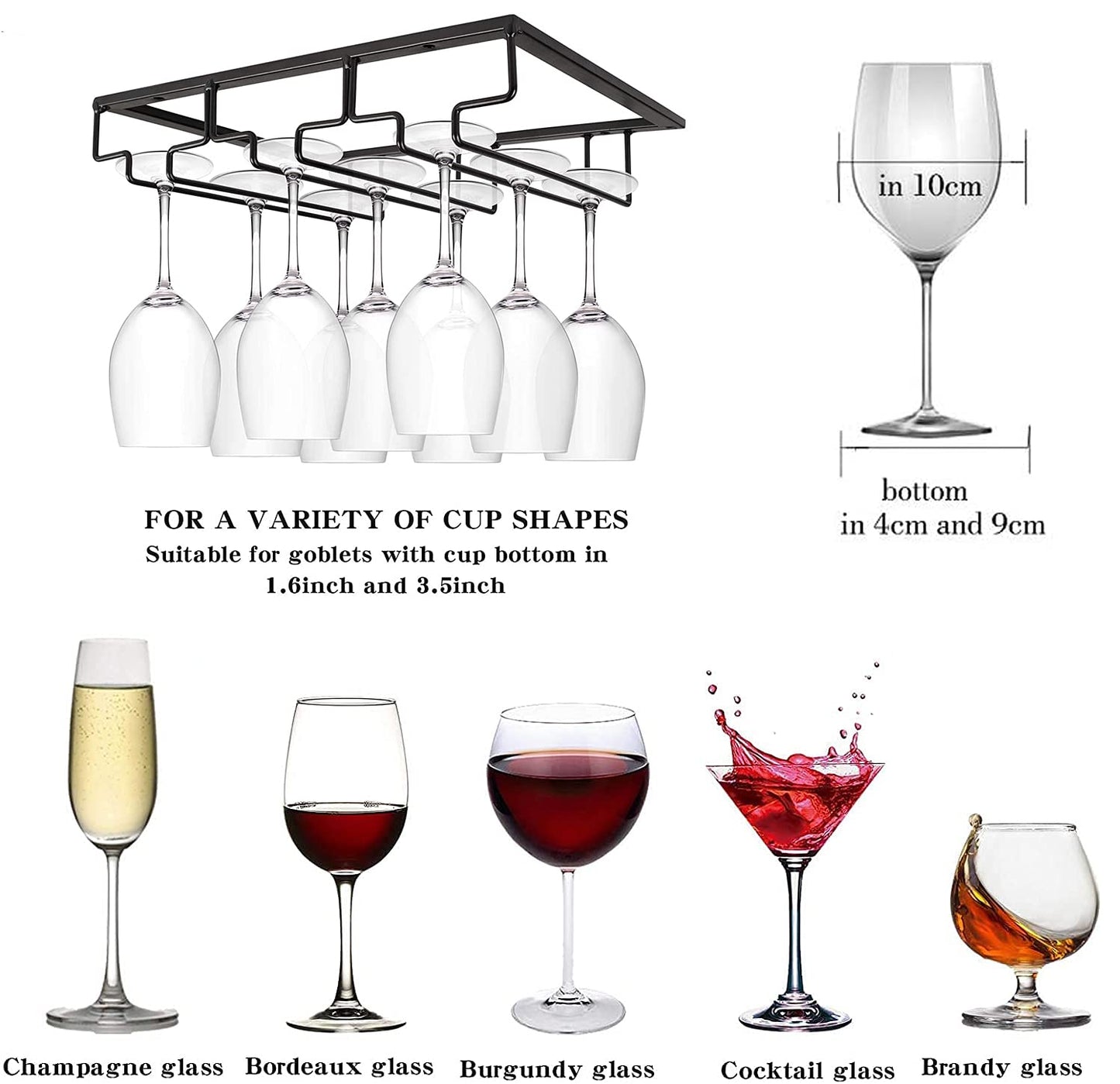 FIAMER Wine Cup Holder Table Decoration Storage Hanger Metal Organizer for Bar Kitchen Stemware Rack Under Cabinet Stainless Steel Hanger Storage Shelf Black (Black, 3 Rows 1 Pack)