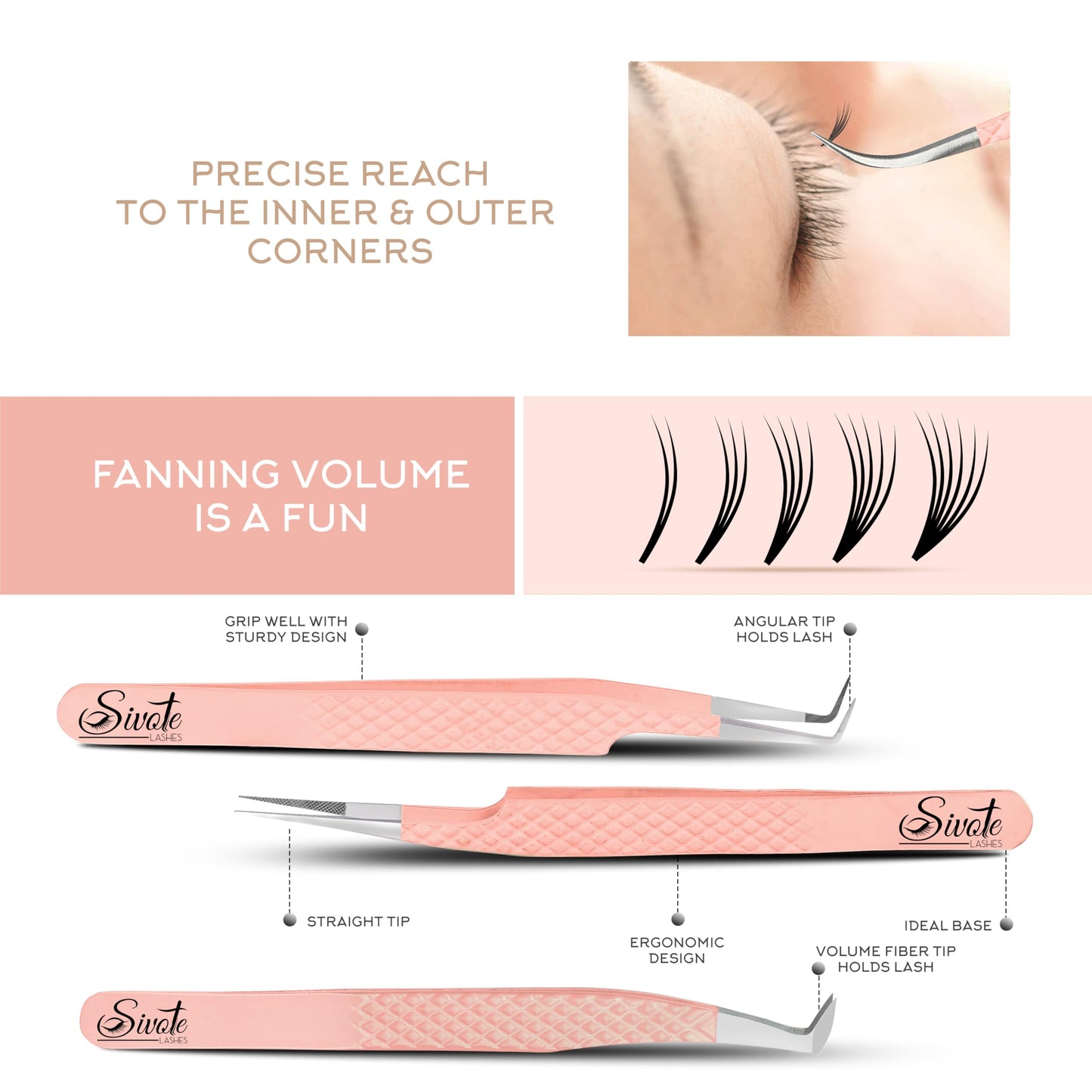 SIVOTE Lash Tweezers for Eyelash Extensions, Pack of 5 Peach – Lash Extension Tweezers Set with Diamond Grip, Precision Fiber Tip for Volume Eyelash Extensions