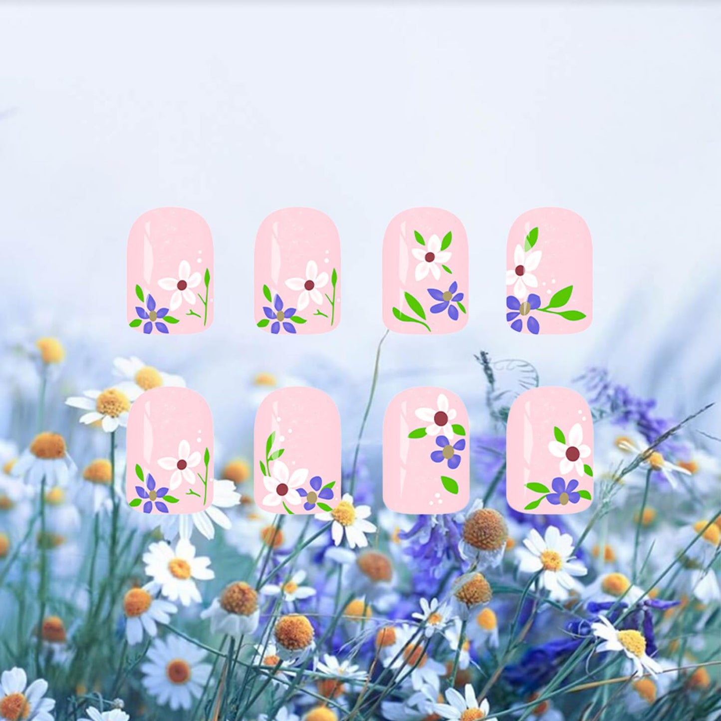24 Pcs Glossy White Polka Dots Glue on Artificial Fingernails Green Leaf Press on Nails Flower Acrylic False Nail Wild Flower Stick on Nail HZJXRT Short Square Fake Nails for Coquette Women Gift