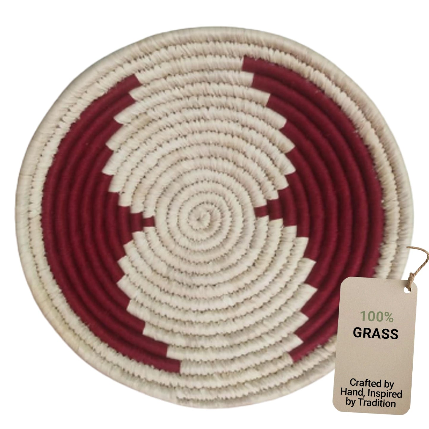 Wicker Village | Handmade Woven Wall Basket Décor | Boho Wall Art | Hanging Accent Rustic Natural Sabai Grass | Red and Beige | 8" L x 8" W x 2" H