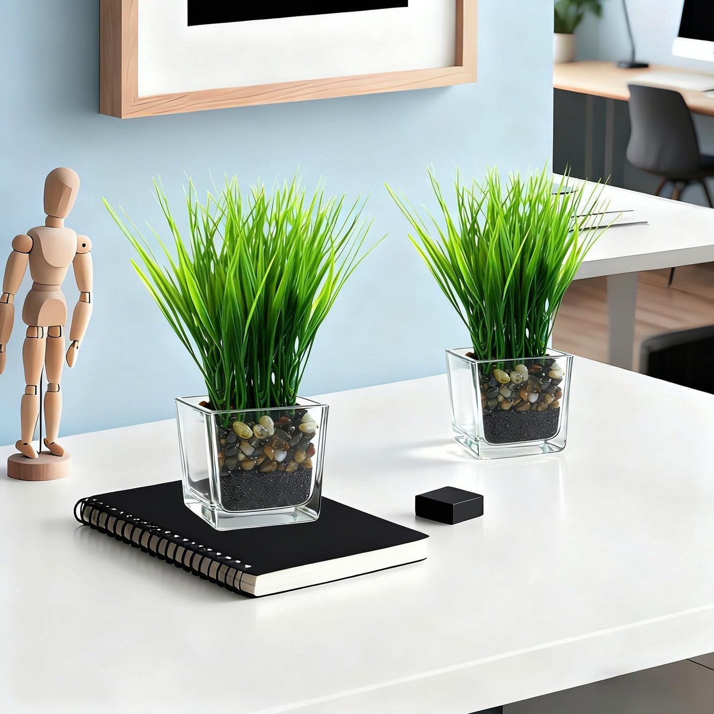 PeacefulHues 3-Pack Artificial Grass in Glass Planters, Small Faux Greenery for Desks, Shelves & Indoor Spaces, Modern Tabletop Decorative Plants (3×3×8.7 in)