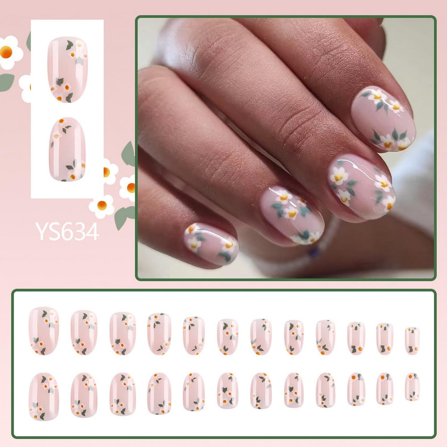 Spring Press on Nails Short Almond Fake Nails Nude Acrylic Nails with Flower designs Cute False Nails Glossy Full Cover Nature Glue on Nails for Women Summer Art Manicure Decor 24pcs