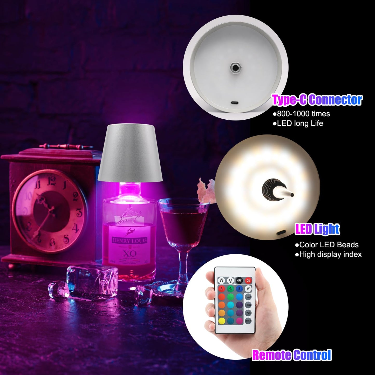 TGXCF Wireless Bottle Lamp with Remote Control, Rechargeable RGB Wine Bottle with 3Modes Light Dimming, Waterproof Bottle Touch Lamp Head for Room, Bar, Restaurant and Party Decorations(Silver RGB)