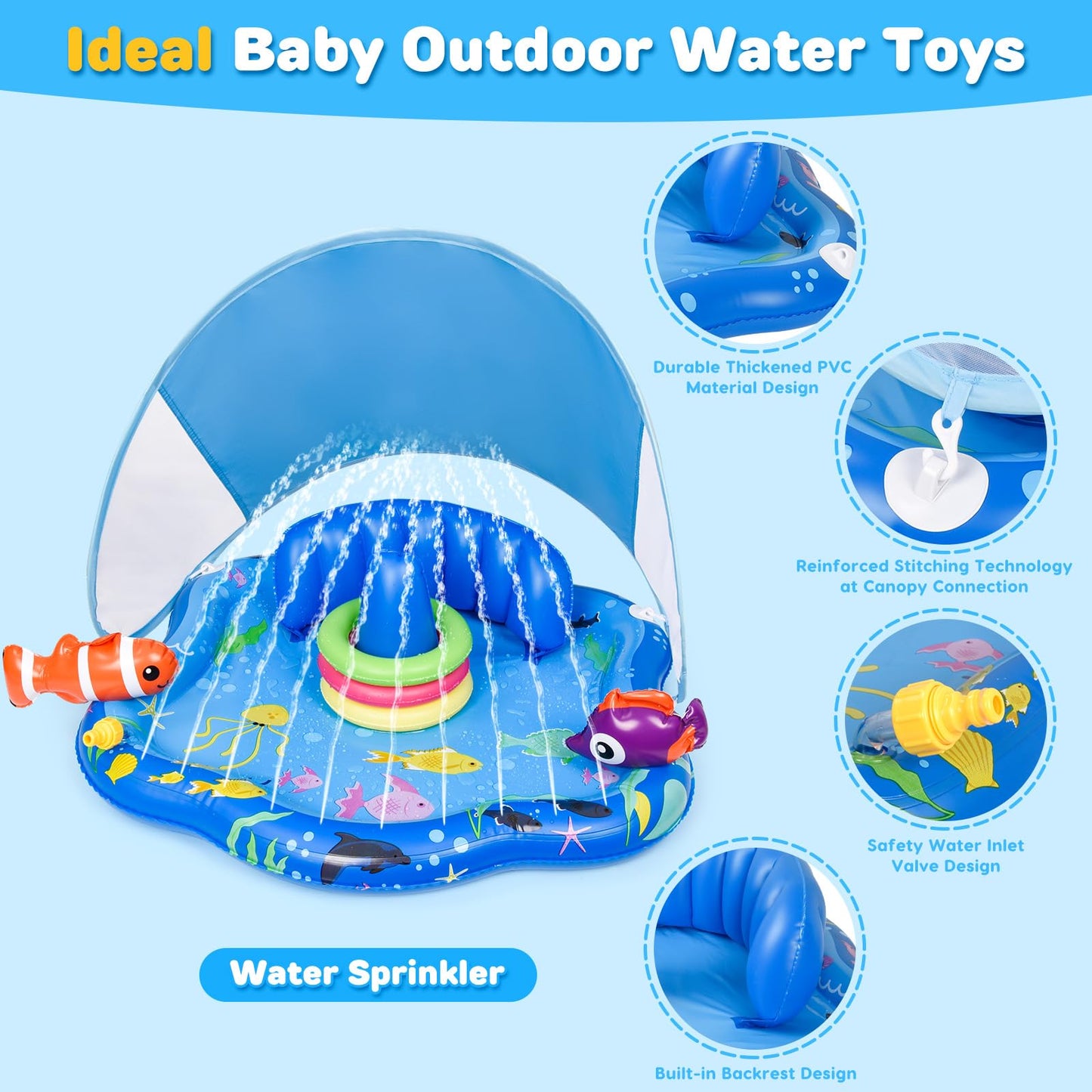 Baby Pool Float with Sprinkler, Inflatable Baby Splash Pad with Stackable Rings Game, Baby Splash Mat with Canopy & Backrest for Toddlers Garden, Beach, Backyard and Bathroom (Blue)