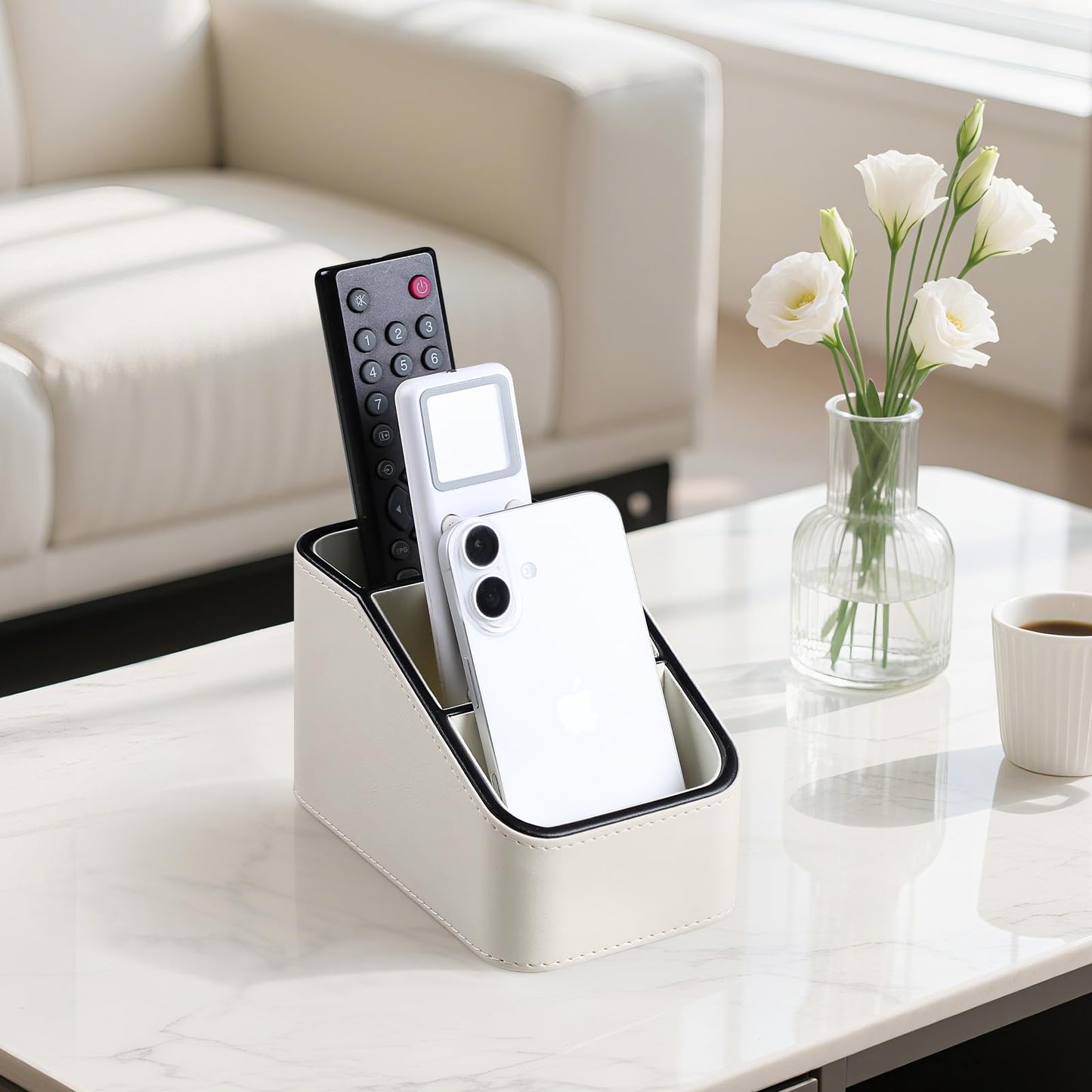 NICLNGSH PU Leather Remote Control Holder, Small Desk Organizer Office Supply Bedside Caddy for Nightstand End Table Couch, Pen Remote Organizer with 3 Compartments (Cream)
