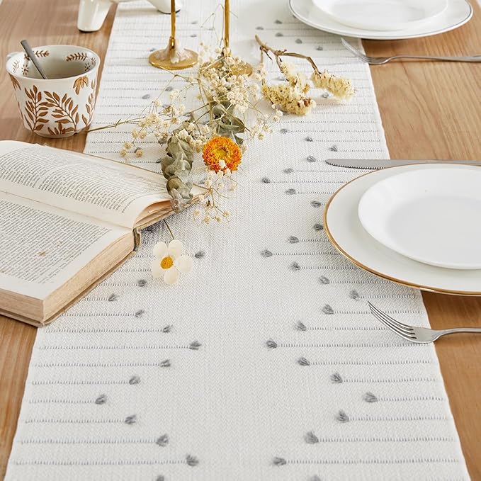 Wracra Boho Table Runner, Natural Cotton Woven Macrame Table Runners 60 Inches Long for Modern Farmhouse Woven Home Decor, 14x60 Inch, Grey