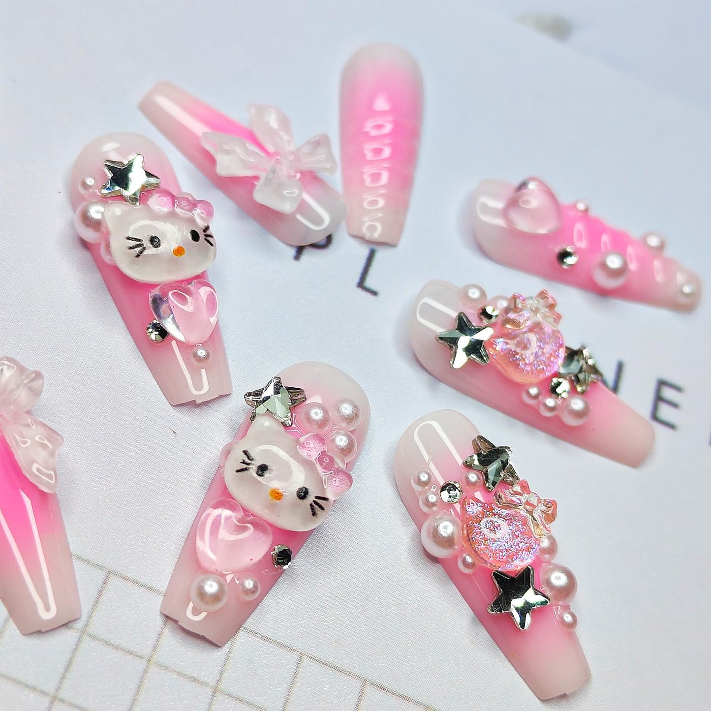 PDFADSK Pink Press on Nails Long Square Coffin Fake Nails Cartoon False Nails with 3D Pearl Nail Charms Design Acrylic Nails Full Cover Pink Artificial Nail for Women 24Pcs
