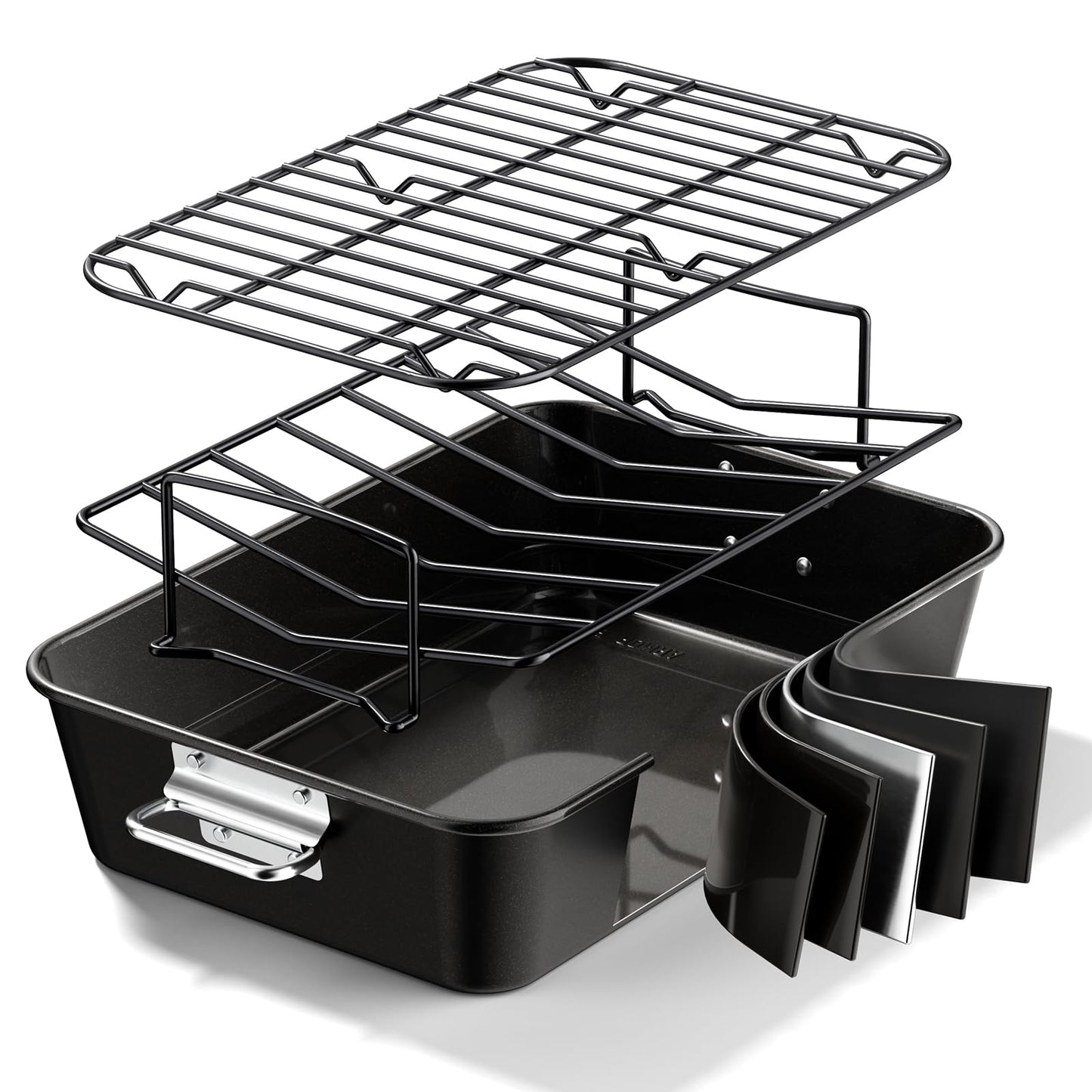 Armorbear Turkey Roasting Pan with Rack Non stick Carbon Steel Roaster 16x11 Inch, Dishwasher Safe, Deep Baking Broiler Pan for Oven Chicken, Bacon, Black
