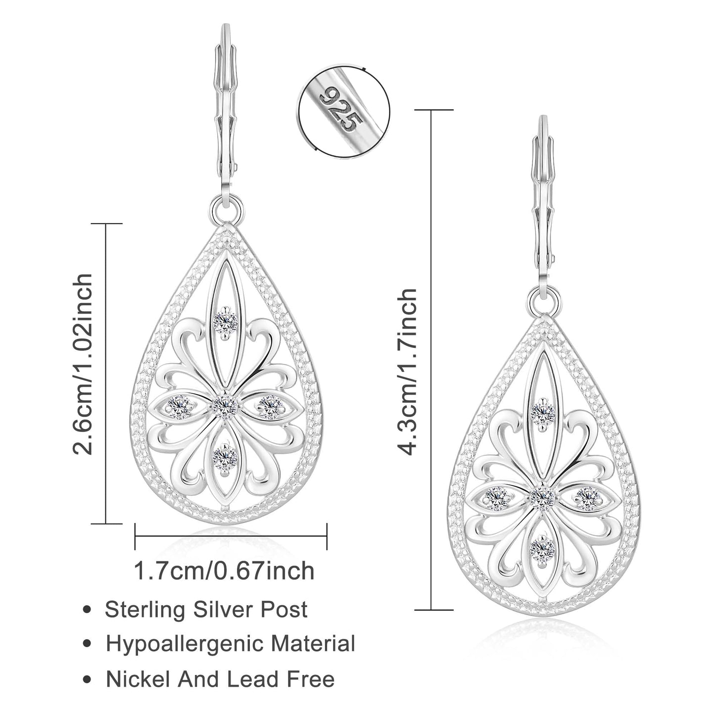Sterling Silver Dangle Earrings for Women Filigree Teardrop Earrings Hypoallergenic925 Sterling Silver Drop Earring (Filigree-A-S)