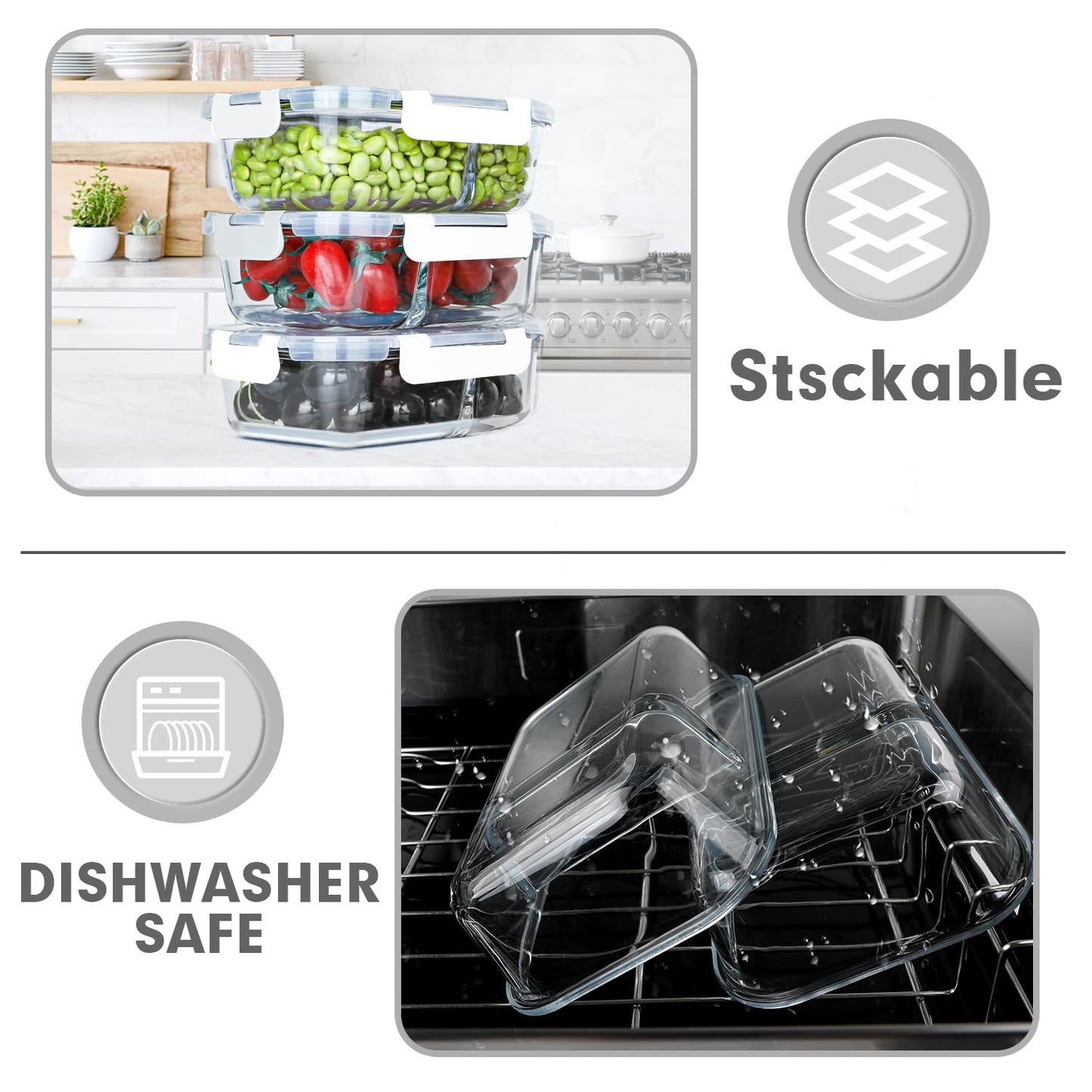 VERONES 10 Pack Glass Meal Prep Containers 2 Compartment Set, 30 OZ Airtight Glass Lunch Containers, Glass Food Storage Containers with Lids, for Microwave, Oven, Freezer & Dishwasher Friendly，White