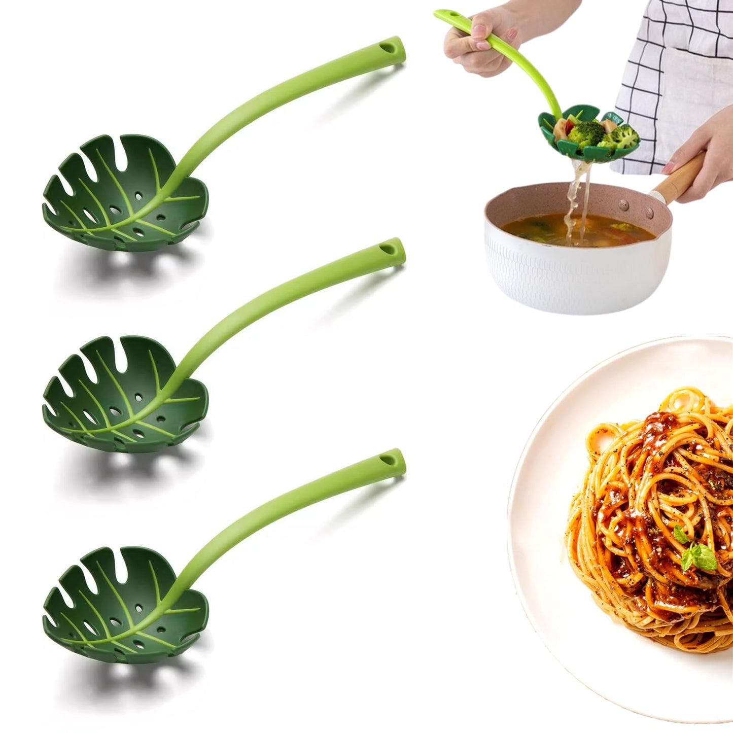 3 PCS Jungle Unique Green Leaf Noodle Leaky Turtle Back Leaf Cooking Spoon for Kitchen Tools