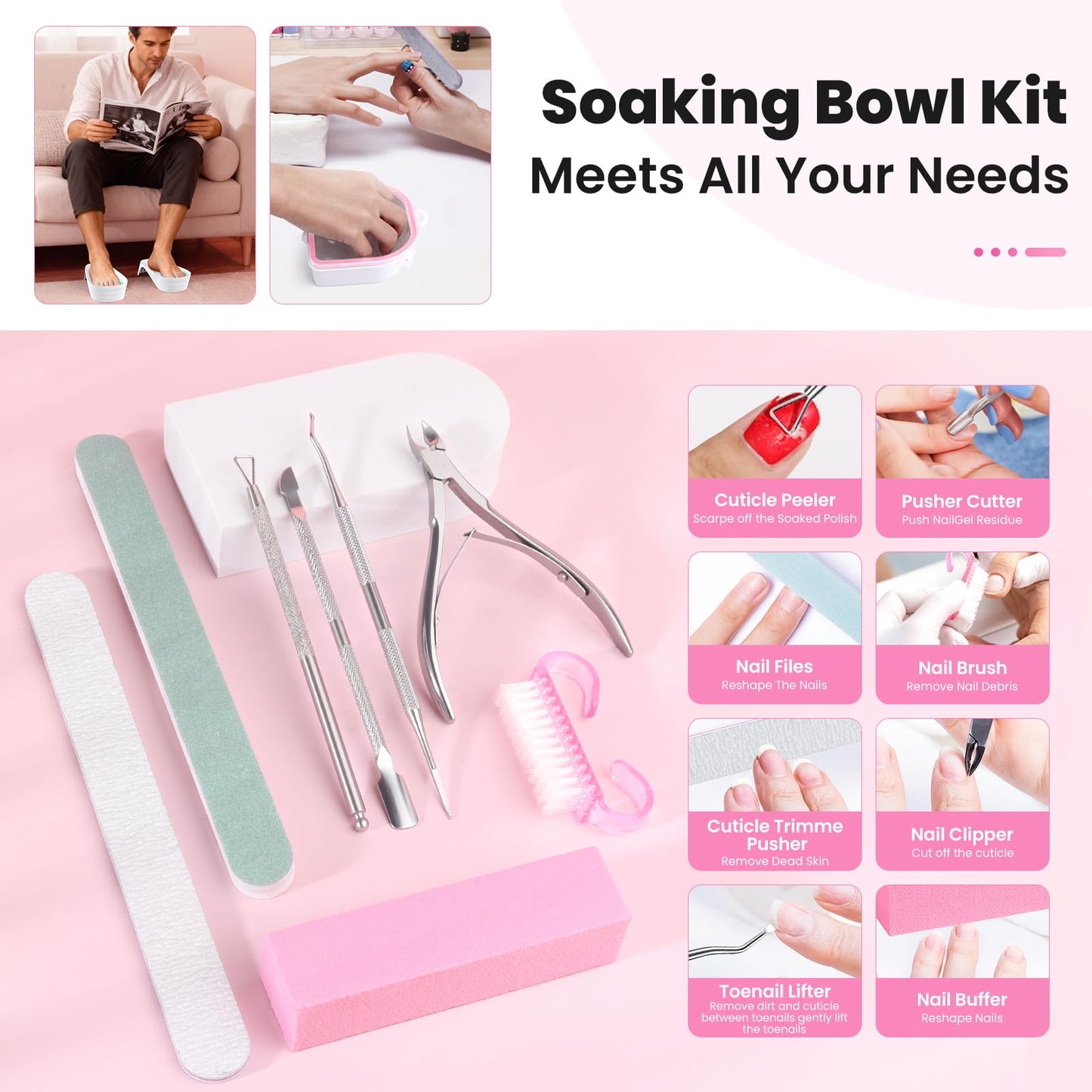 Hand Toe Nail Soaking Bowl: 12PCS Large Size Hand & Foot Nail Soak Off Bowl for Nail Lovers - Acetone Proof Toe Soaking Tray with Manciure Pedicure Tools for Dip Powder Gel Polish Remover(Pink, White)