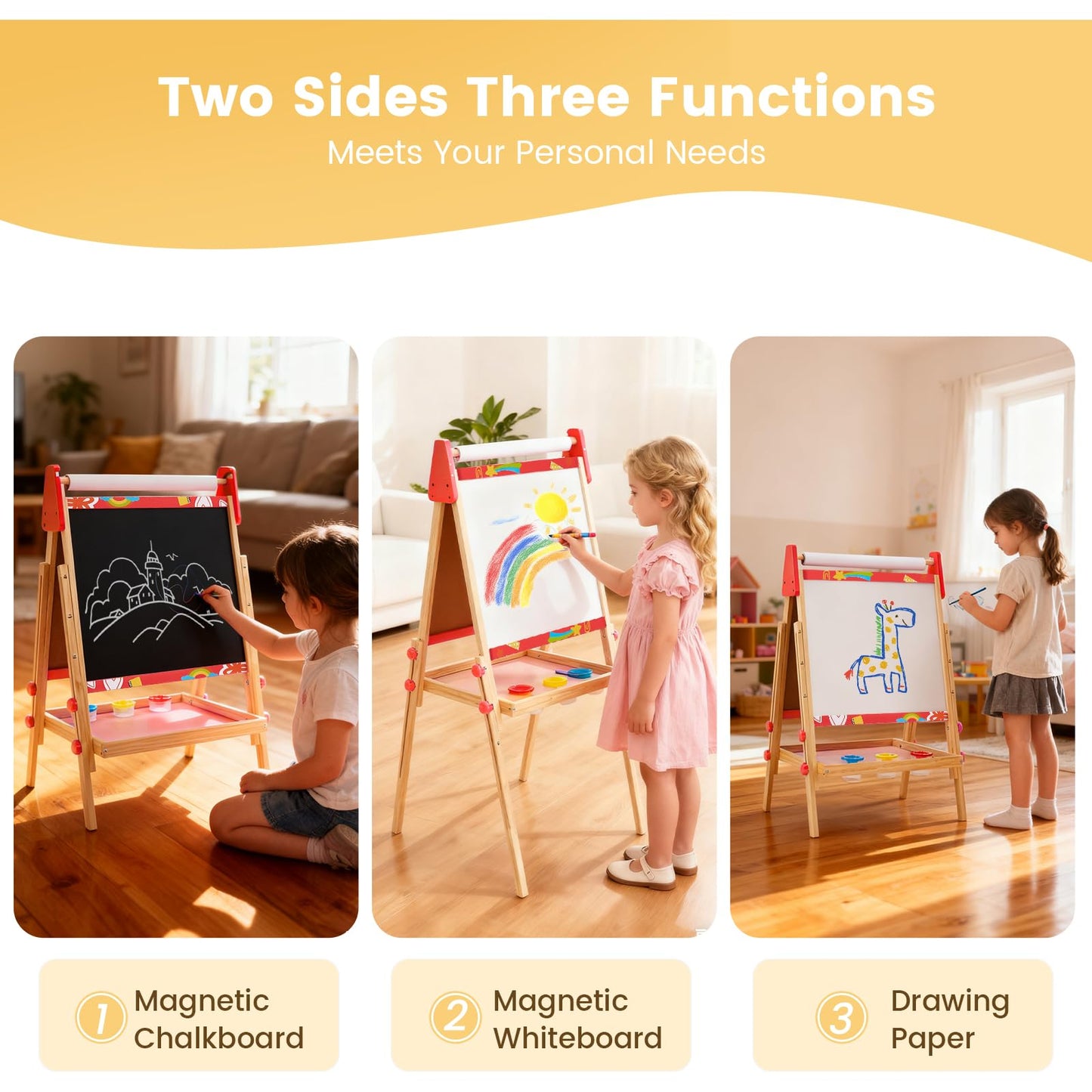 DUMOS Kids Easel Set with Paper Roll, Adjustable Height Double-Sided Magnetic Chalkboard & Whiteboard Art Station for Ages 3+, Dry Erase Board, Gift for Girls and Boys, Red