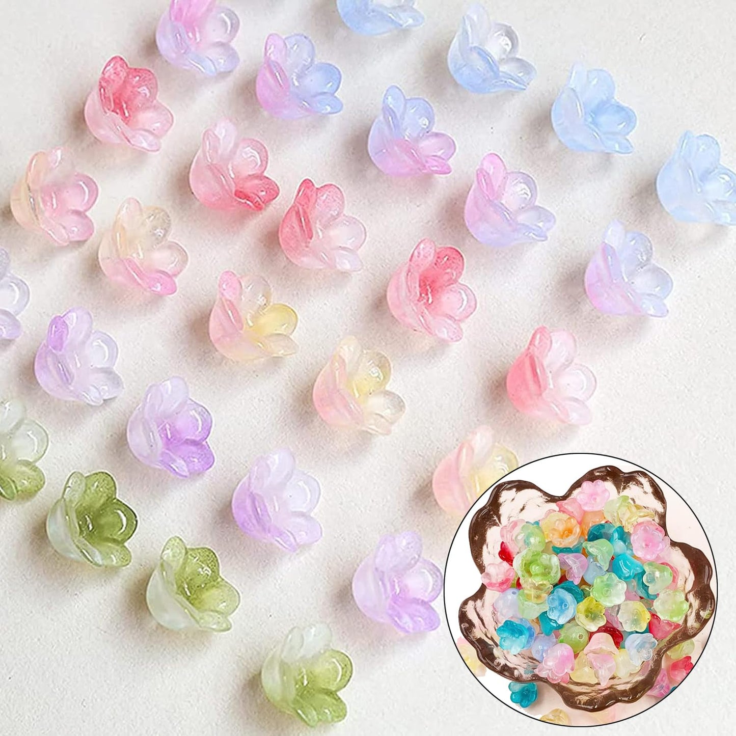 MaehSab 300 Pcs Glass Beads for Jewelry Making, Colorful Trumpet & Bell Flower Crystal Loose Beads, Bulk for DIY Projects