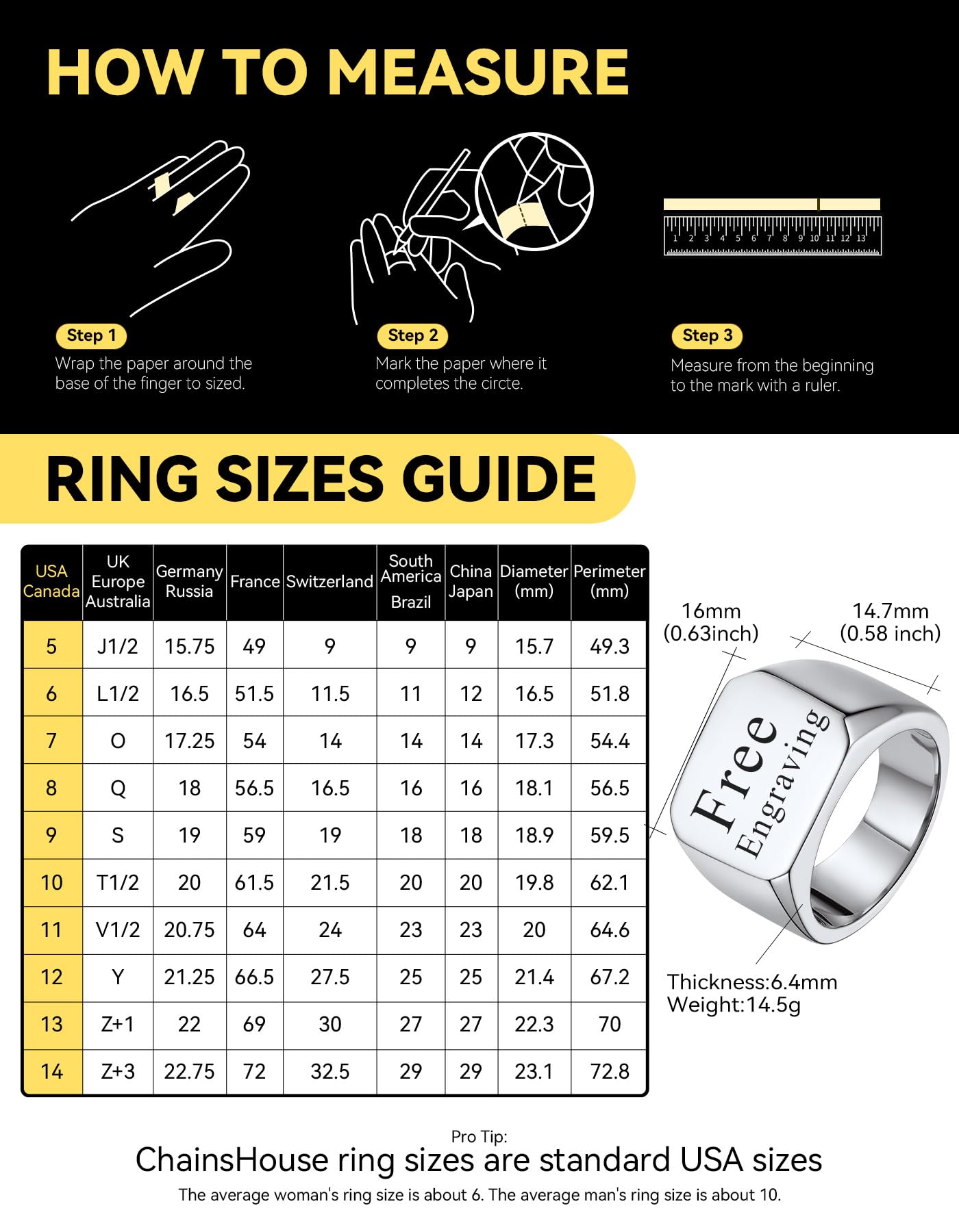 ChainsHouse Personalized Signet Rings Stainless Steel Biker Ring for Men Women, Solid Polished Statement Hip Hop Custom Thumb Ring, Size 7