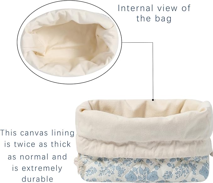 3Pcs Aesthetic Cotton Quilted Drawstring Makeup Bag Set, Cute Flowers Makeup Pouch for Girls and Women, Coquette Travel Organized Cosmetic Bags for Purse, Toiletry Bag (07Blue Flower)