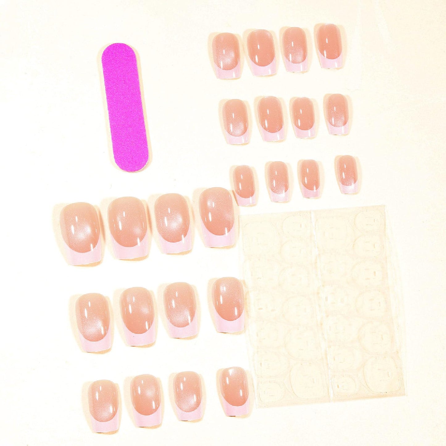French Tip Press on Nails Medium Square Fake Nails with Cat Eye Glitter Designs Nails Press ons Nude White Glue on Nails Simple Stick on Nails for Women 24Pcs