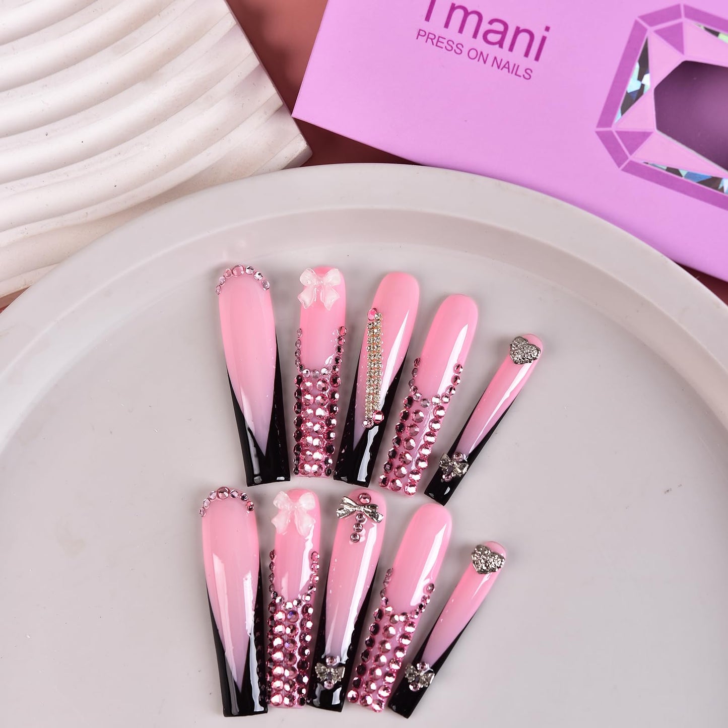 Tmani 10pc/set Extra Long Handmade Press On Nail Hot Girl's Long Ballet Nails Square Nail Full of Diamond Glitter Decoration Fake Nails Suitable For Girls Festival Parties and Birthday Gift (298,L)