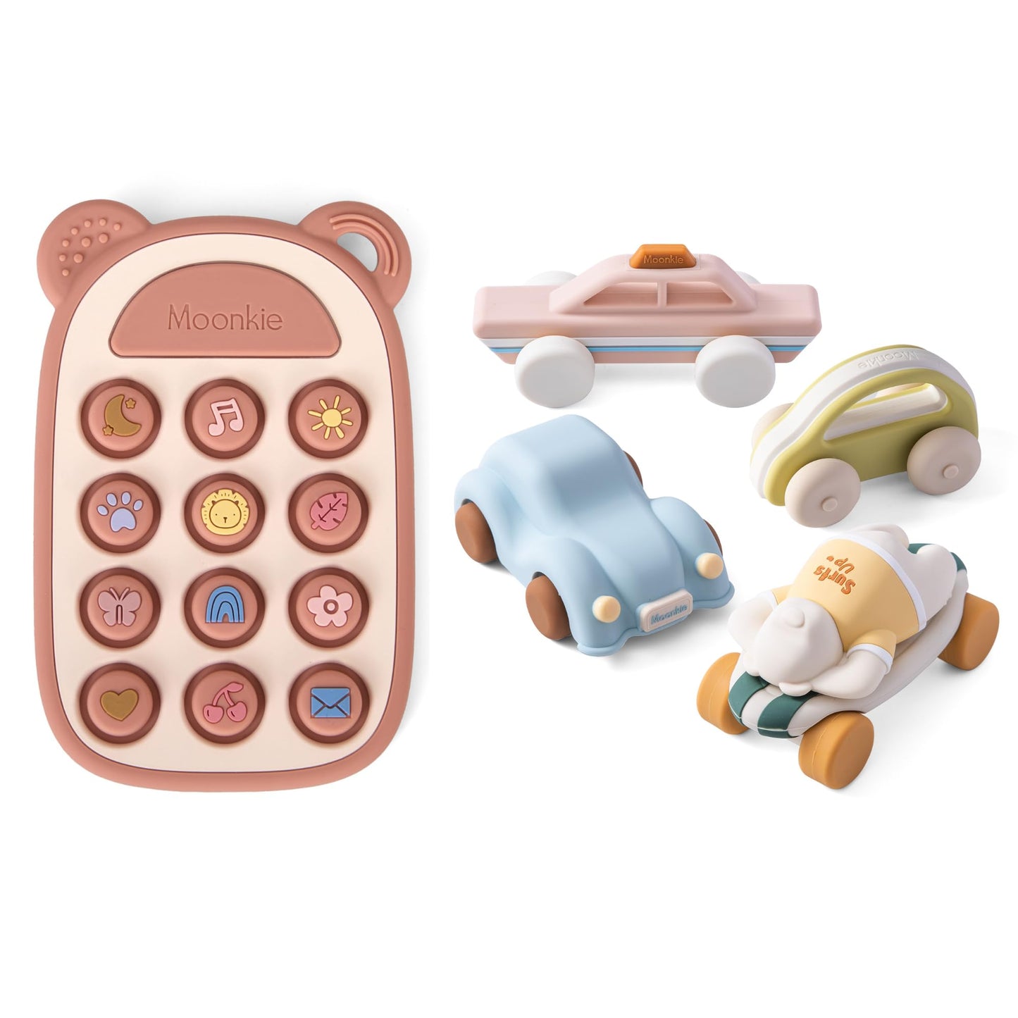 Moonkie Baby Teething Toy & Toy Car Bundle, Silicone Press Phone Teether for Babies 3 Months+, BPA-Free with Pop Bubbles & 5-Pack Silicone Push and Go Toy Cars for Babies and Toddlers, Ideal Gift for