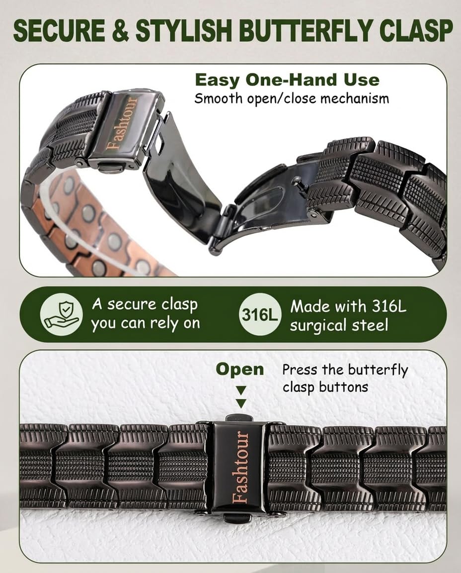Fashtour Copper Bracelet for Men, 2X Strength 99.99% Pure Copper Magnetic Bracelet with Magnets, Butterfly Clasp Design, Adjustable Length with Sizing Tool (Black)