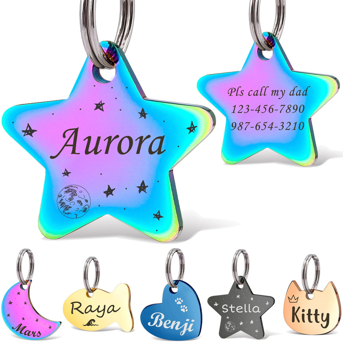 Anavia Small Size Dog Cat ID Tags, Small/XS Personalized Color Plated Stainless Steel Puppy Kitten Name Tags, Customized Engraved Nameplate Pet Collar Tag (Blue, Star)