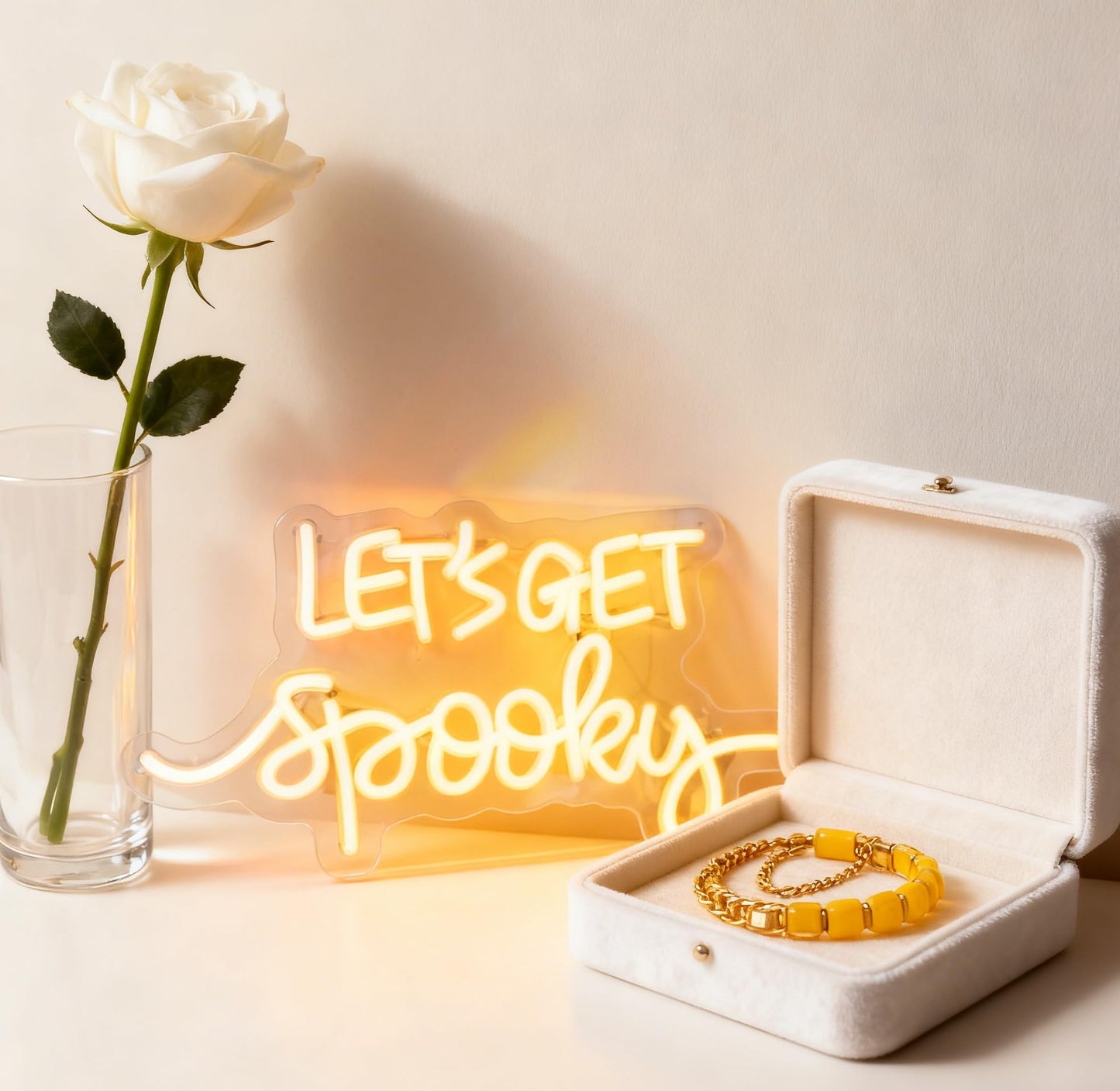 Lets Get Spooky White LED Neon Sign, USB Powered Dimmable Decorative Neon Light Home Living Room Haunted House Spooky Theme Party Wall Table Decor 16.7 x 8.9 In