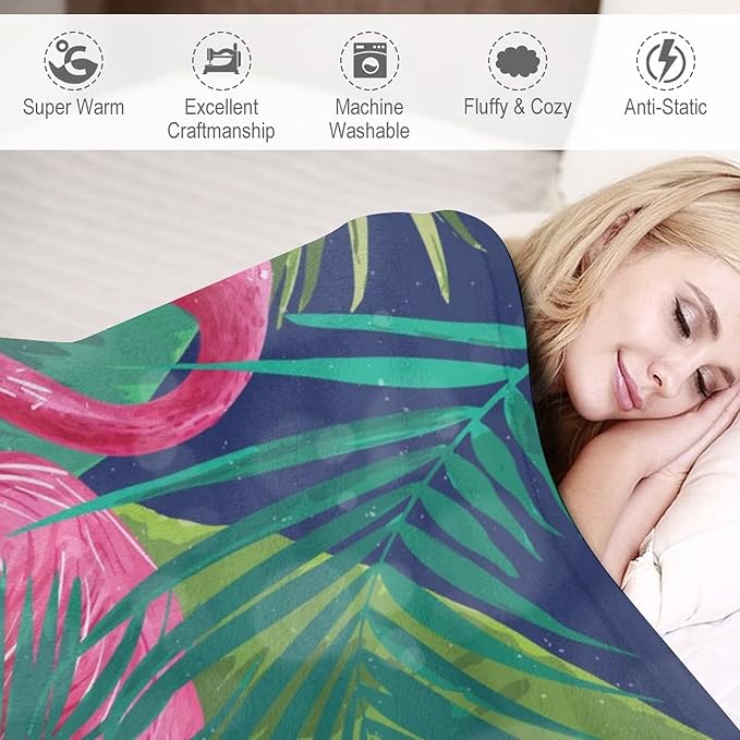 Flamingo Blanket Gifts - 60 x 80 Inches Funny Flamingo Throw for Women & Men - Green Soft Fuzzy Plush Blankets for Bed