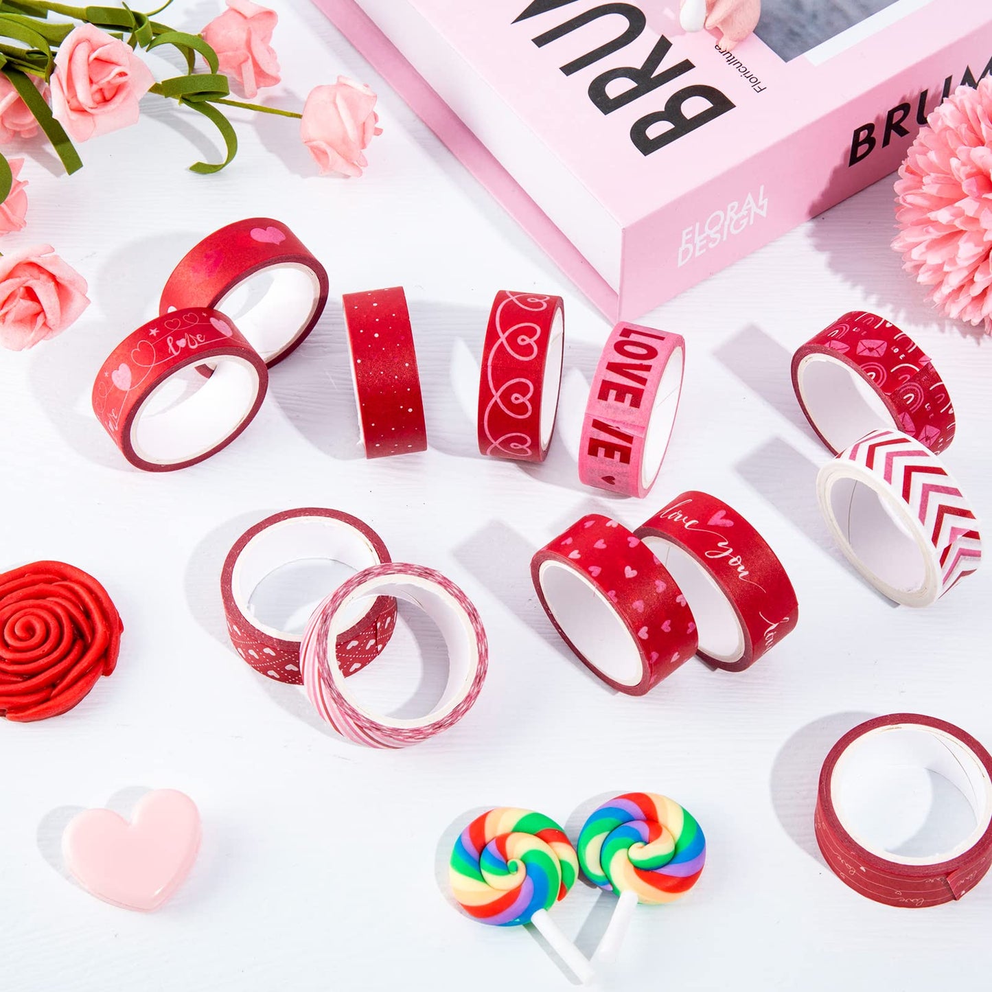 Whaline 12 Rolls Valentine Washi Tape Red Heart Love Masking Tape Sticker Assorted Design Valentine Washi Tape for Wedding Scrapbook DIY Craft Gift Wrapping, 0.6in x 16.4ft