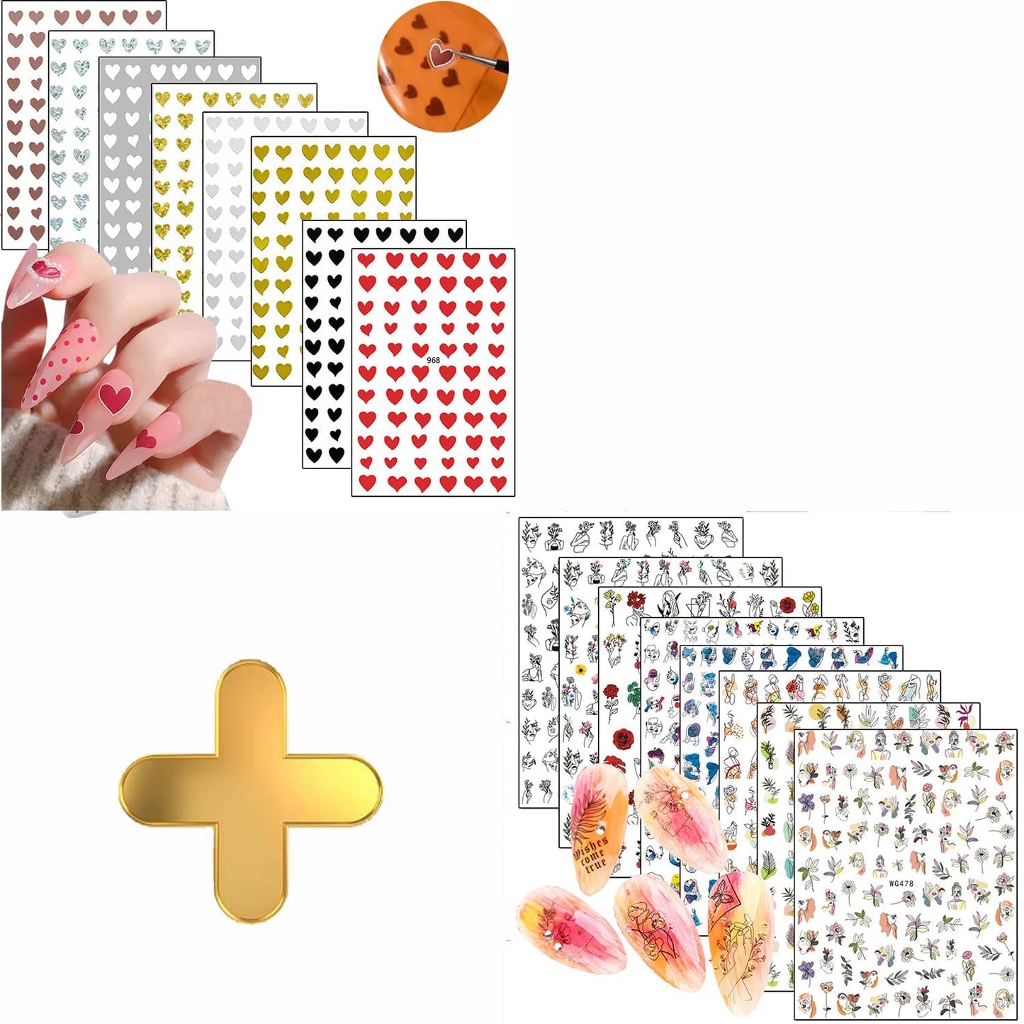 8 Sheets Heart Nail Art Stickers with 8 Sheets Abstract Nail Art Stickers
