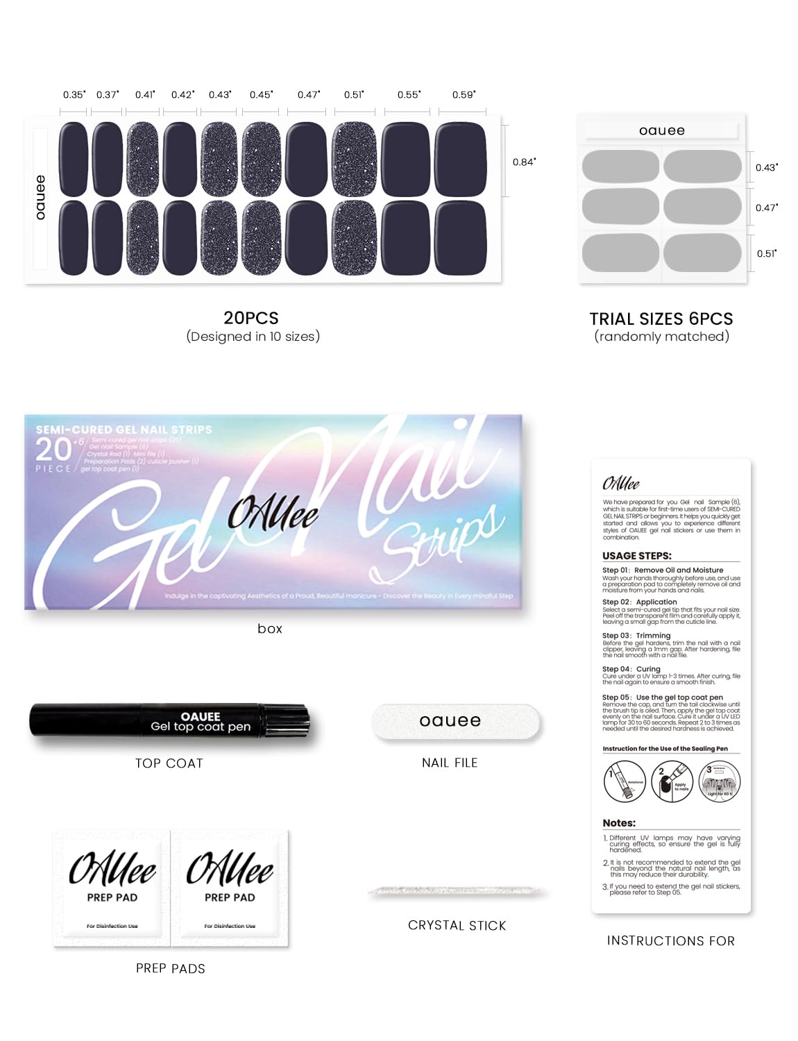 Oauee Semi Cured Gel Nail Strips | Built-In Gel Top Coat | UV Light Required | Salon Quality, Easy Application And Removal (Gray flash)