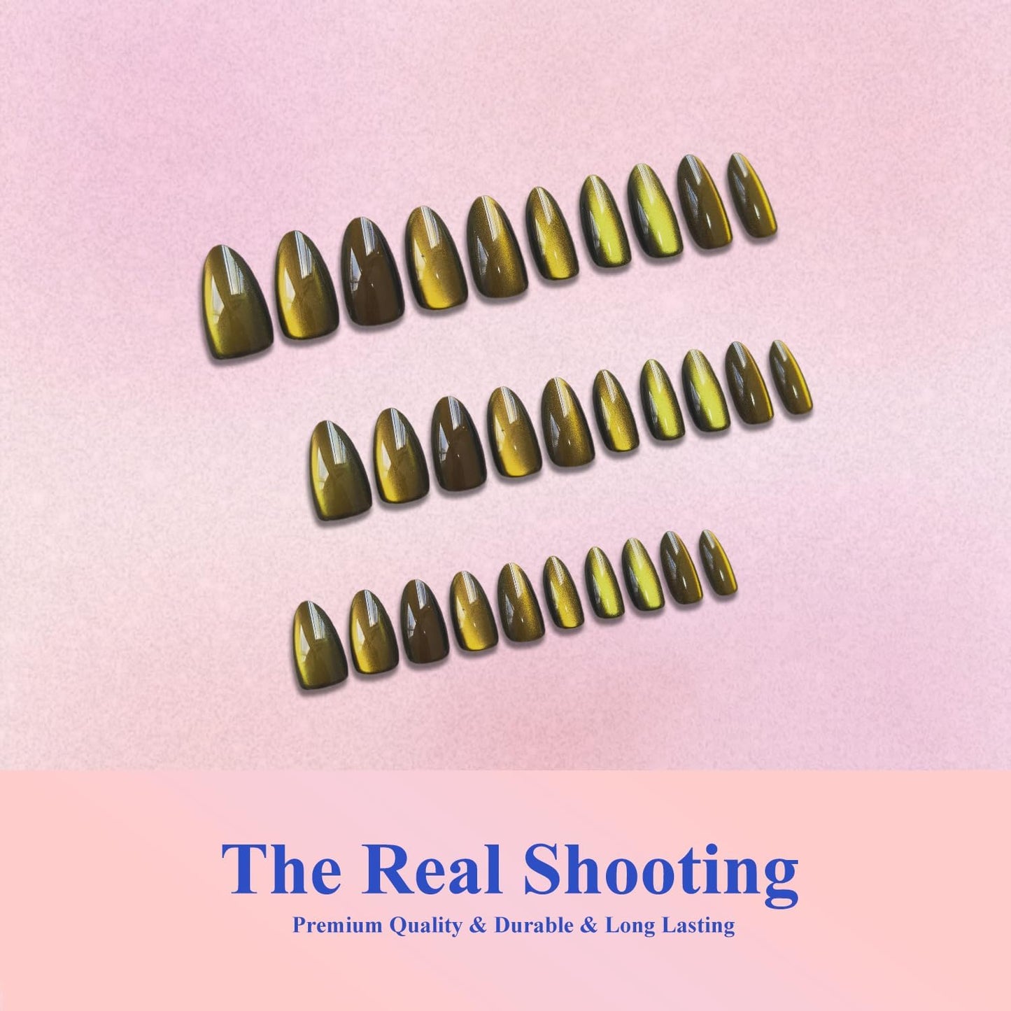 KQueenest Cat Eye Press On Nails Almond - Dark Gold Press On Nails Medium Stiletto, 30 Pcs 15 Sizes Glitter Fake Nails Press ons Black, Upgrade Thick Quality, Reusable Glue on Nail for Women Party