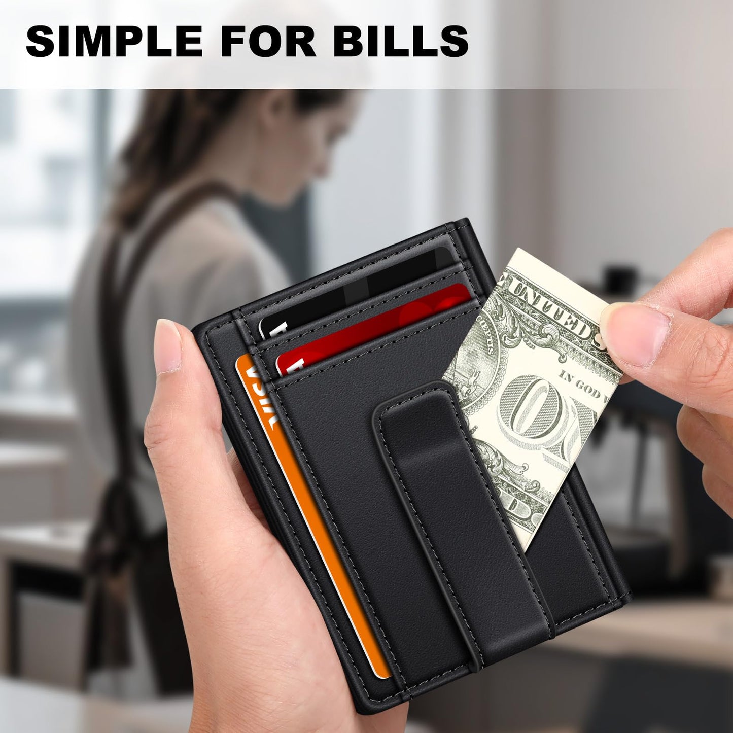 Wallet for Men 14-16 Cards, Minimalist Men Leather Wallet, Men's Front Pocket Bifold Wallets with Money Clip, Slim Thin Card Holder RFID Blocking Bill Folder & Magnetic Closure, Gifts for Men, Black