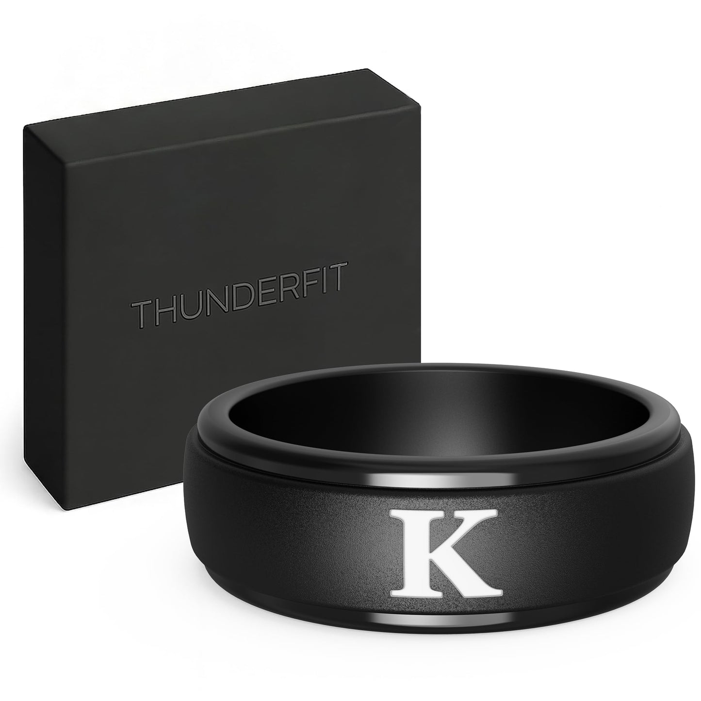ThunderFit Black Silicone Initial Ring for Him - Personalized One Letter Wedding Rubber Band - Comfortable Fit - Unique Anniversary, Birthday Gifts for Men with Gift Box (K, Size 8.5-9)