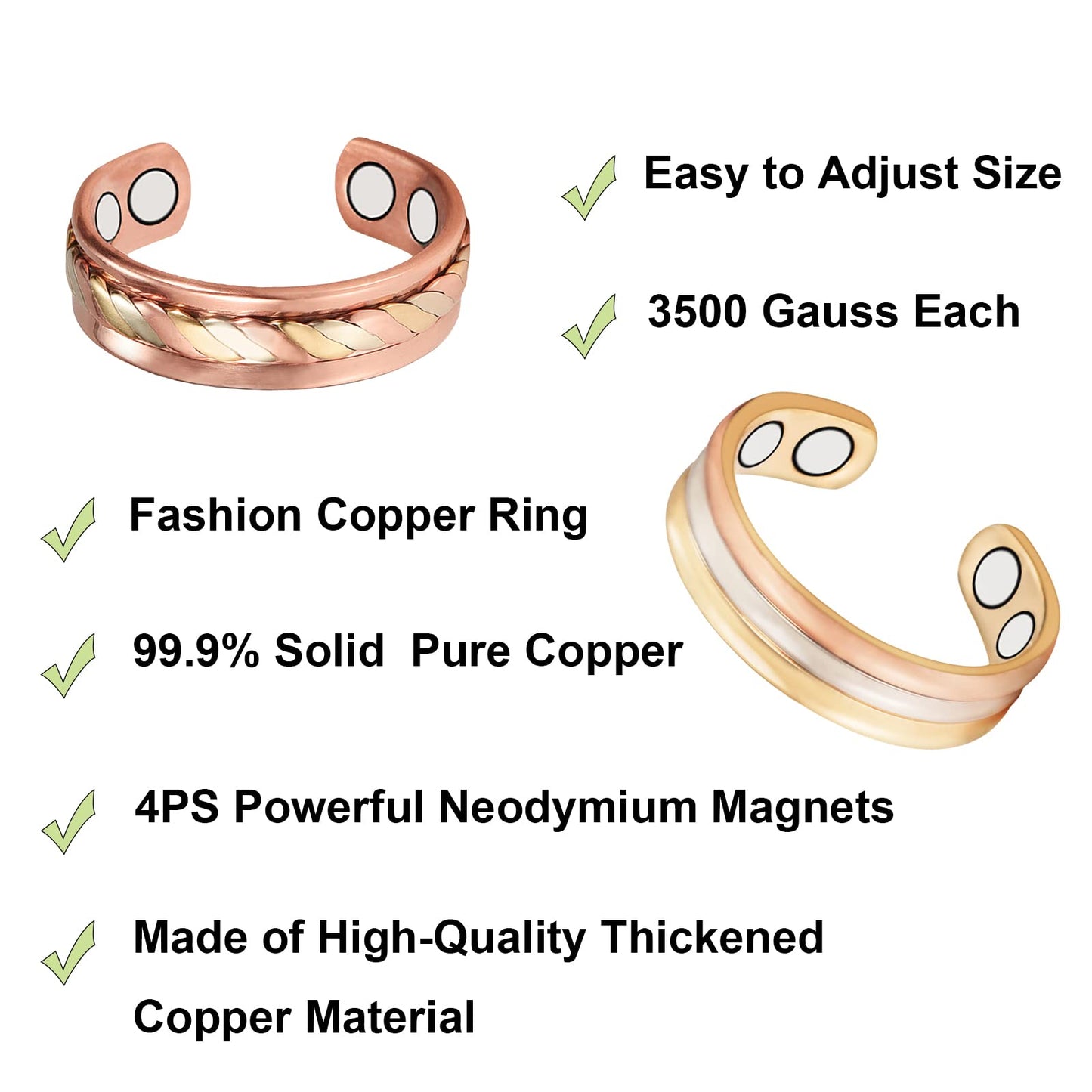 EnerMagiX Copper Rings for Women, 2PCS Adjustable Tricolor Gold Braid Magnetic Set Ring, 99.9% Solid Copper Jewelry（2PCS）