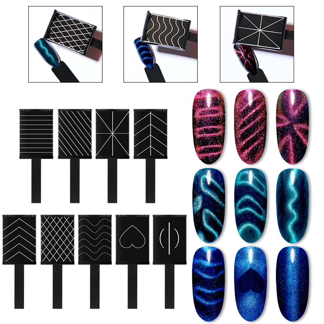 JERCLITY 16 Pieces Cat Eye Magnet Tool for Nails Magnet Plate Wand Board Double Ended Nail Magnet Plate Nail Magnetic Pen Line Strip Effect 3D Magnetic for Cat Eye Gel Polish DIY Nail Art