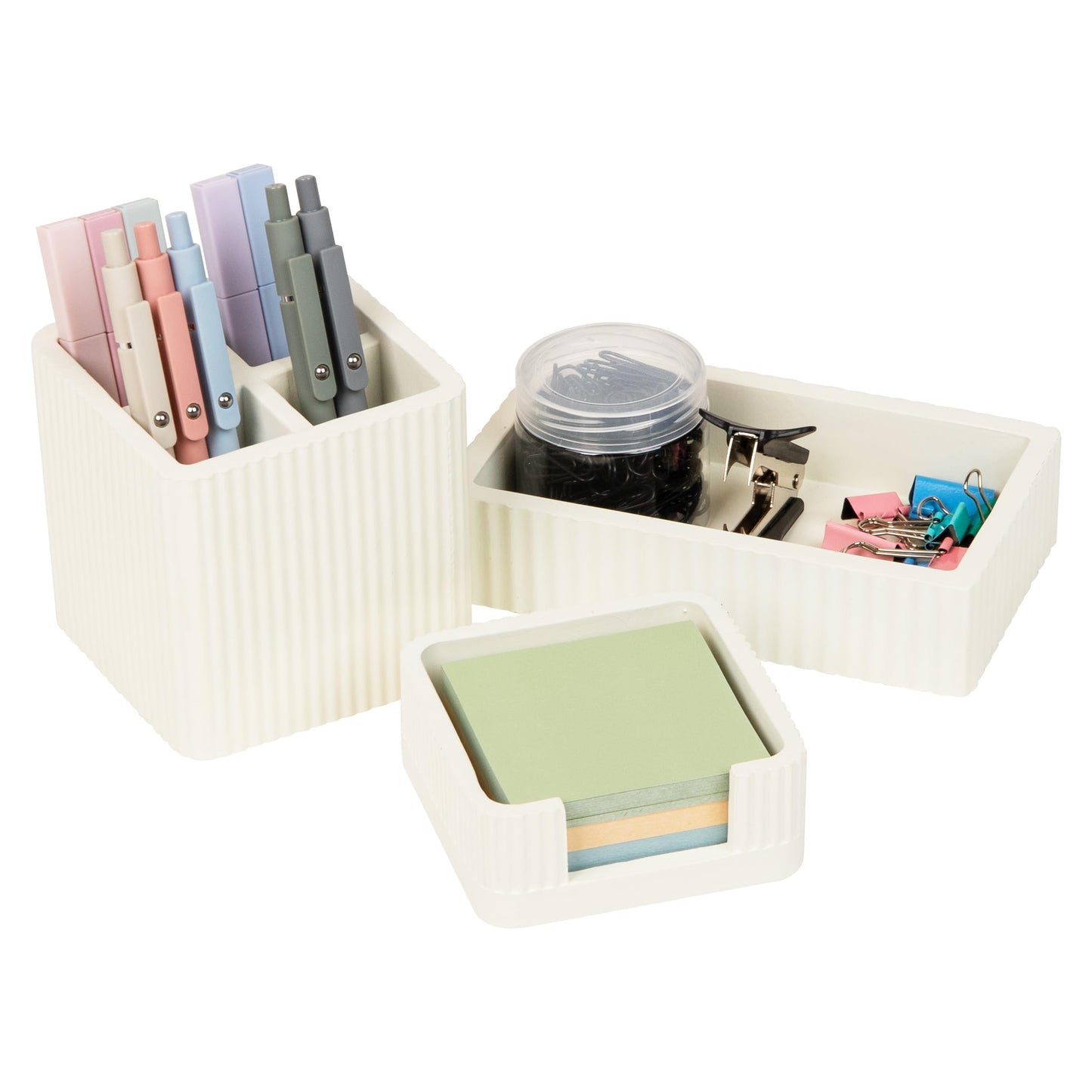 Mind Reader 3-Piece Cement Desk Organizer Set, Desktop Accessory Kit with Pen Cup, Sticky Note Holder, Catch-All Tray, Modern Office Decor, Cement, Cream